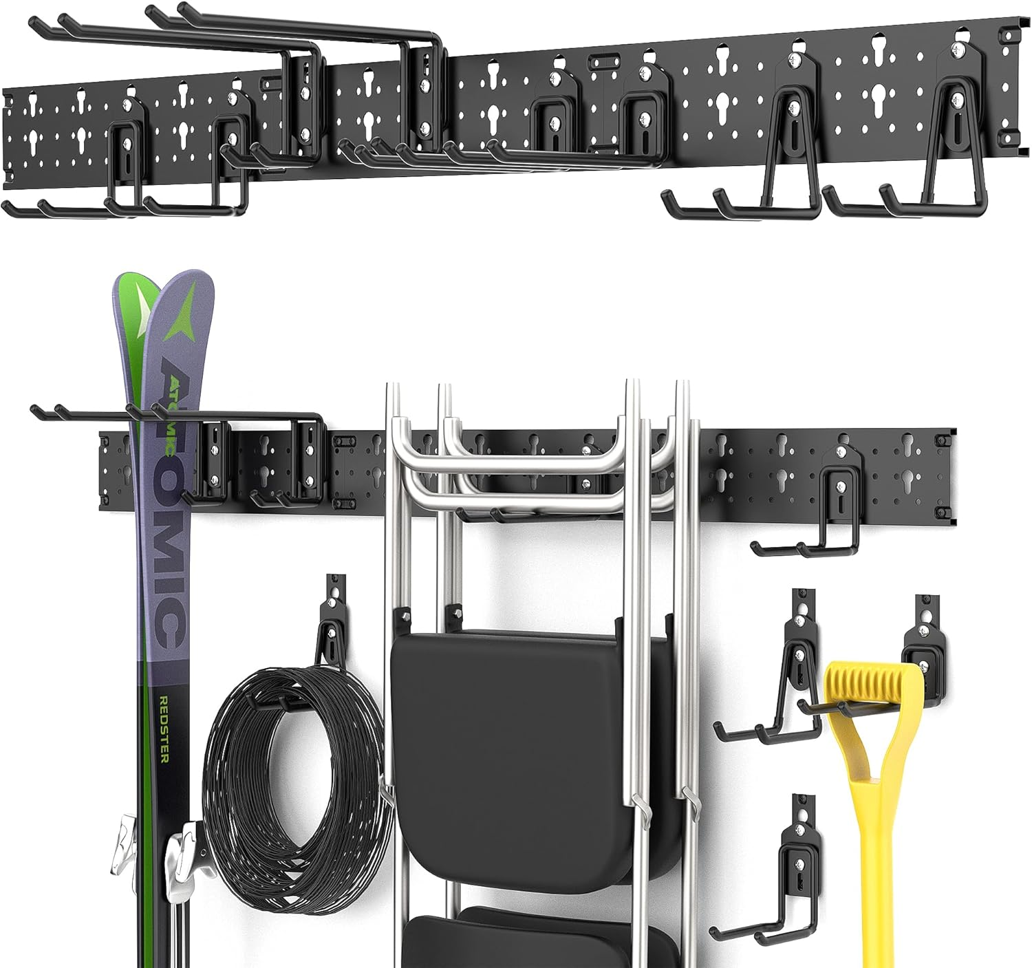 Garage Storage Organization, Versatile Storage Hooks Garden Tool Organizer Wall Mount, 48 Inch Yard Tool Organizer Hangers for Shovels, Rakes, Ladders, 15Pcs Black