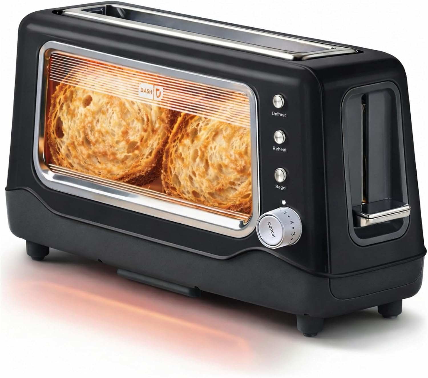 Clear View Toaster | 10" Long Slot 2 Slice Toaster with See-Through Glass Window, 7 Browning Levels, Bagel, Defrost & Reheat Functions, Removable Glass Panel, Crumb Tray, Black