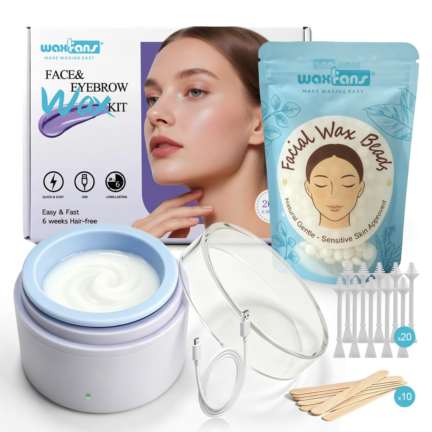 Face Waxing Kit for Women-Eyebrow Wax Kit with USB Mini Wax Pot,Facial Hair Removal for Sensitive Skin,Mini Wax Kit with 100G Facial Wax Beads,For Eyebrow Lip Bikini,6 Weeks Smooth(Purple)