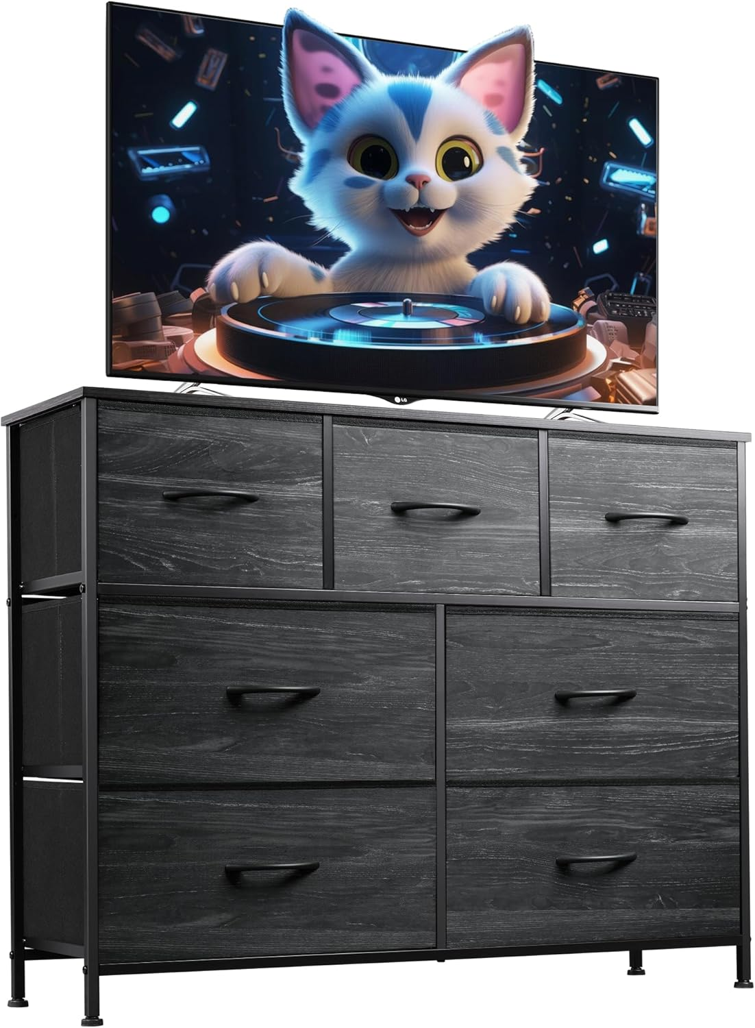 7 Drawer Dresser TV Stand, Entertainment Center, Media Console Table with Metal Frame and Wood Top for TV up to 45 Inch, Chest of Drawers for Bedroom, Charcoal Black Wood Grain Print