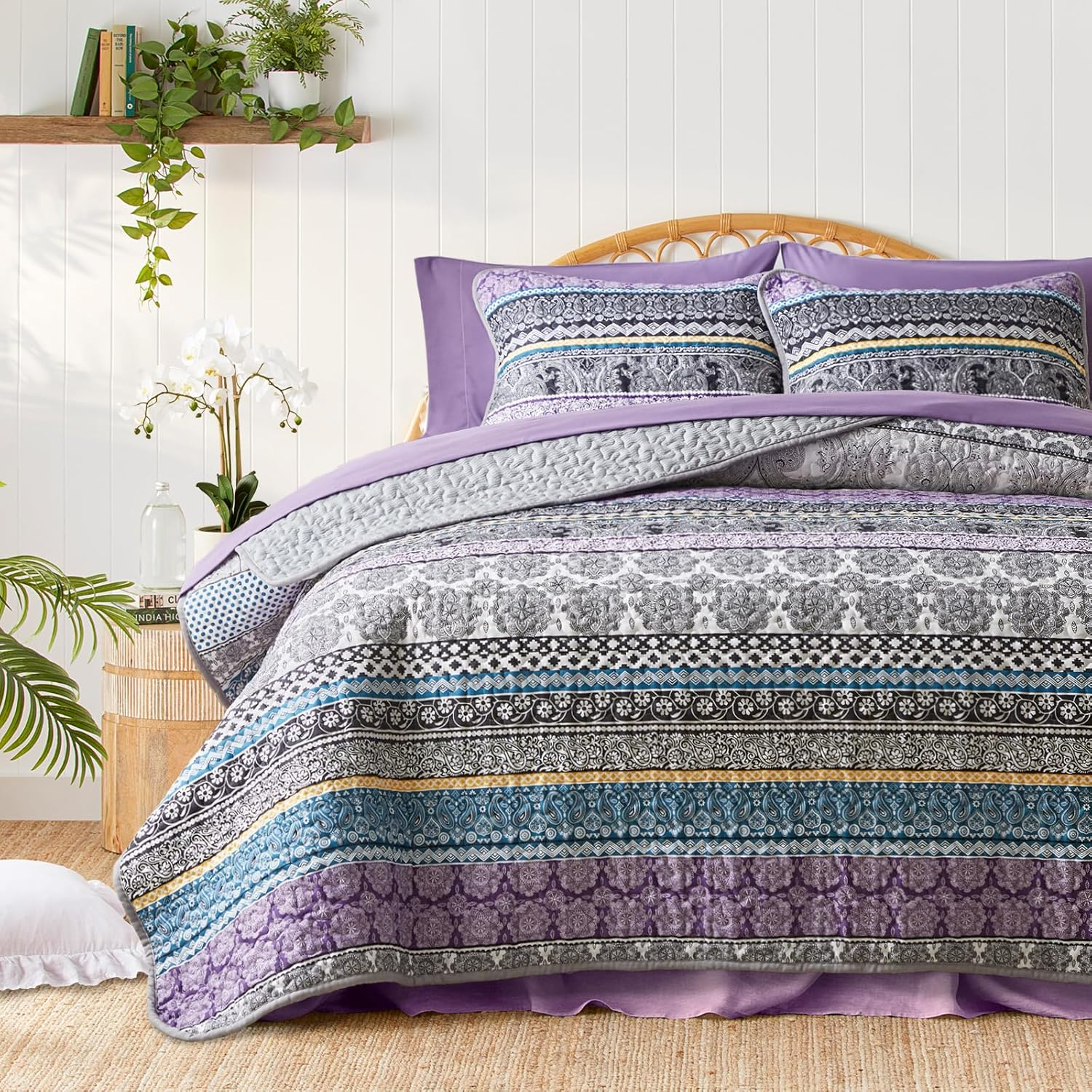 3 Pieces Colorful Bohemian Quilt Set Full Queen Size, Purple N Grey Boho Striped Printed Bedding Bedspread Coverlet Set for Summer, Soft Lightweight Microfiber Quilt with 2 Shams (88X88 Inces)