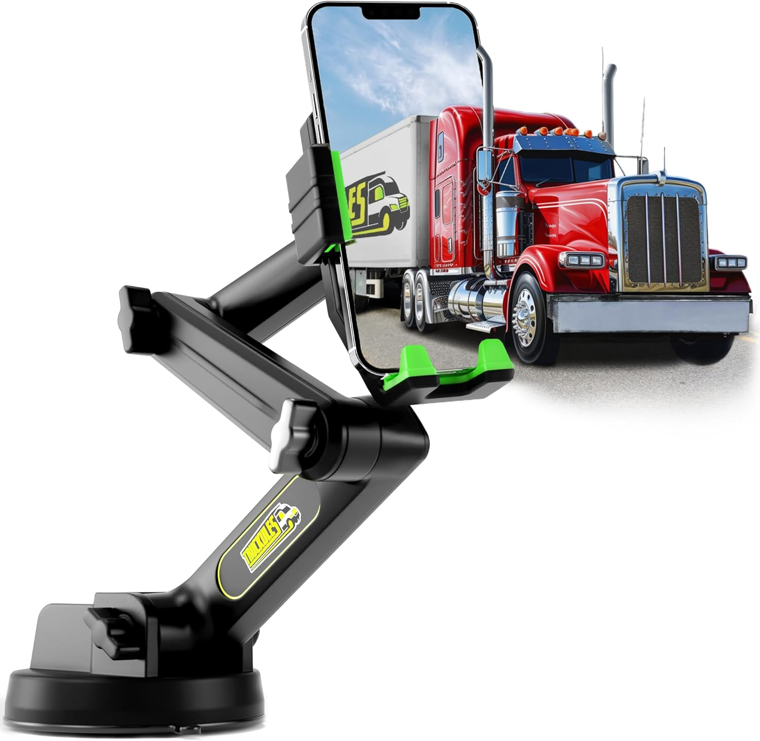 Cell Phone Mount for Truck Phone Holder for Truck Drivers - Heavy Duty Suction Cup + Dashboard Pad, Iphone Holder for Dashboard Window 16.9 Inch Long, for Iphone & Samsung, Big Rig Trucker, Green