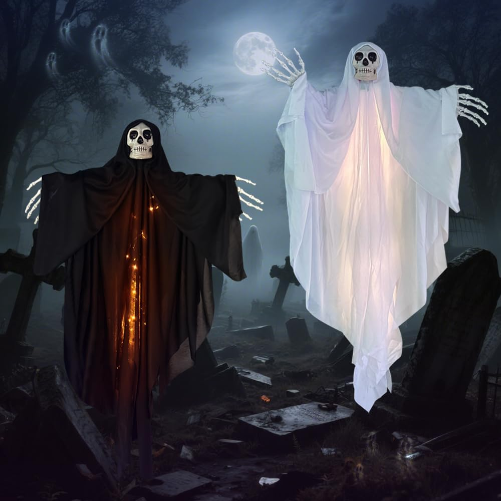 Halloween Deko Outdoor Skelett 2 Stück, 100X60Cm Horror Hängender Geist Mit LED Lichtern,Halloween Türdeko Innen, Haustür Hexe Gespenster Totenkopf Ghosts Gespenst Für Draußen,Garten,Terrasse,Patio