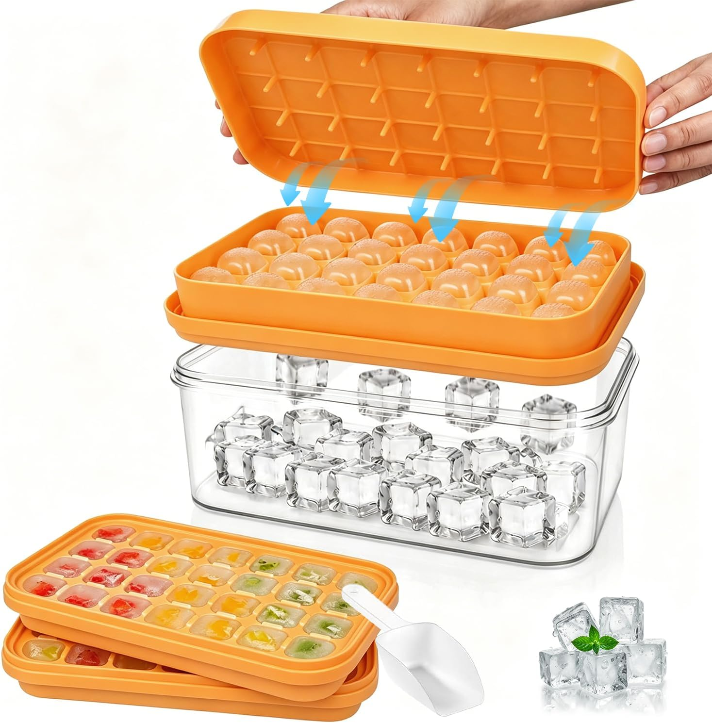 Ice Cube Tray with Lid & Bin,  Ice Trays, with Scoop, BPA Free, Easy Release One-Button Release,Spill-Resistant for Freezer