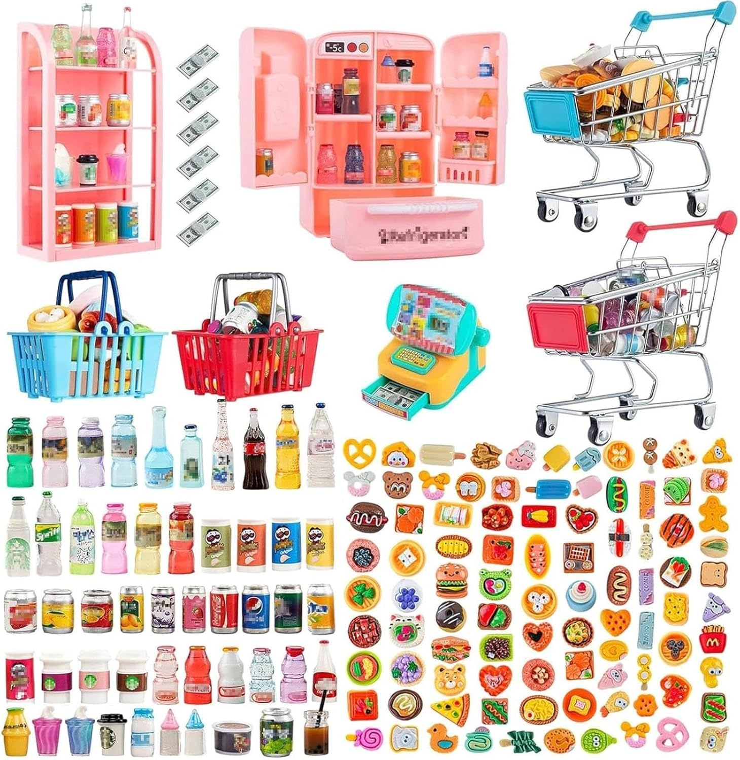 164PCS Mini Supermarket Cart Food Dollhouse Play Set