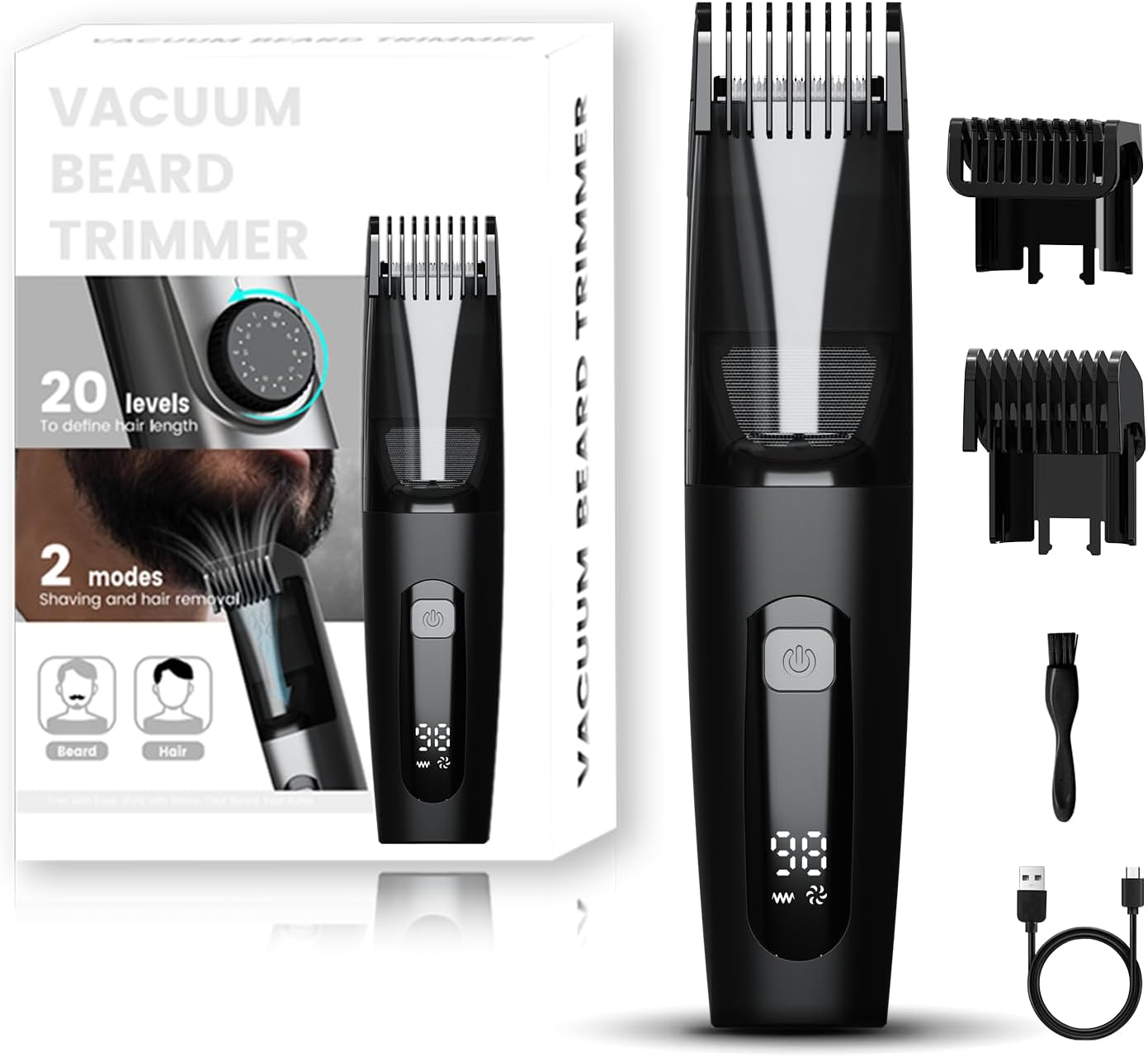 Vacuum Beard Trimmer for Men, No Mess Trimming, 40 Adjustable Lengths Dial, Smooth Ceramic Blade for Sensitive Skin, Waterproof Wet/Dry, LED Display, USB-C Grooming Kit