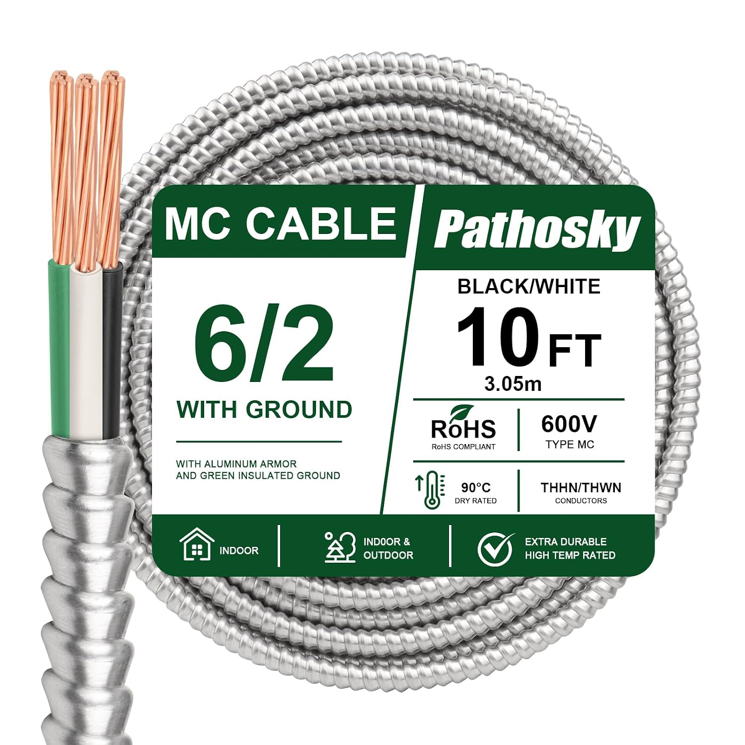 6/2 MC Cable 10 FT, Aluminum Armored Electrical Wire with Ground, 6 Gauge THHN/THWN Copper Conductors, 600V 90°C Dry Rated UL Listed