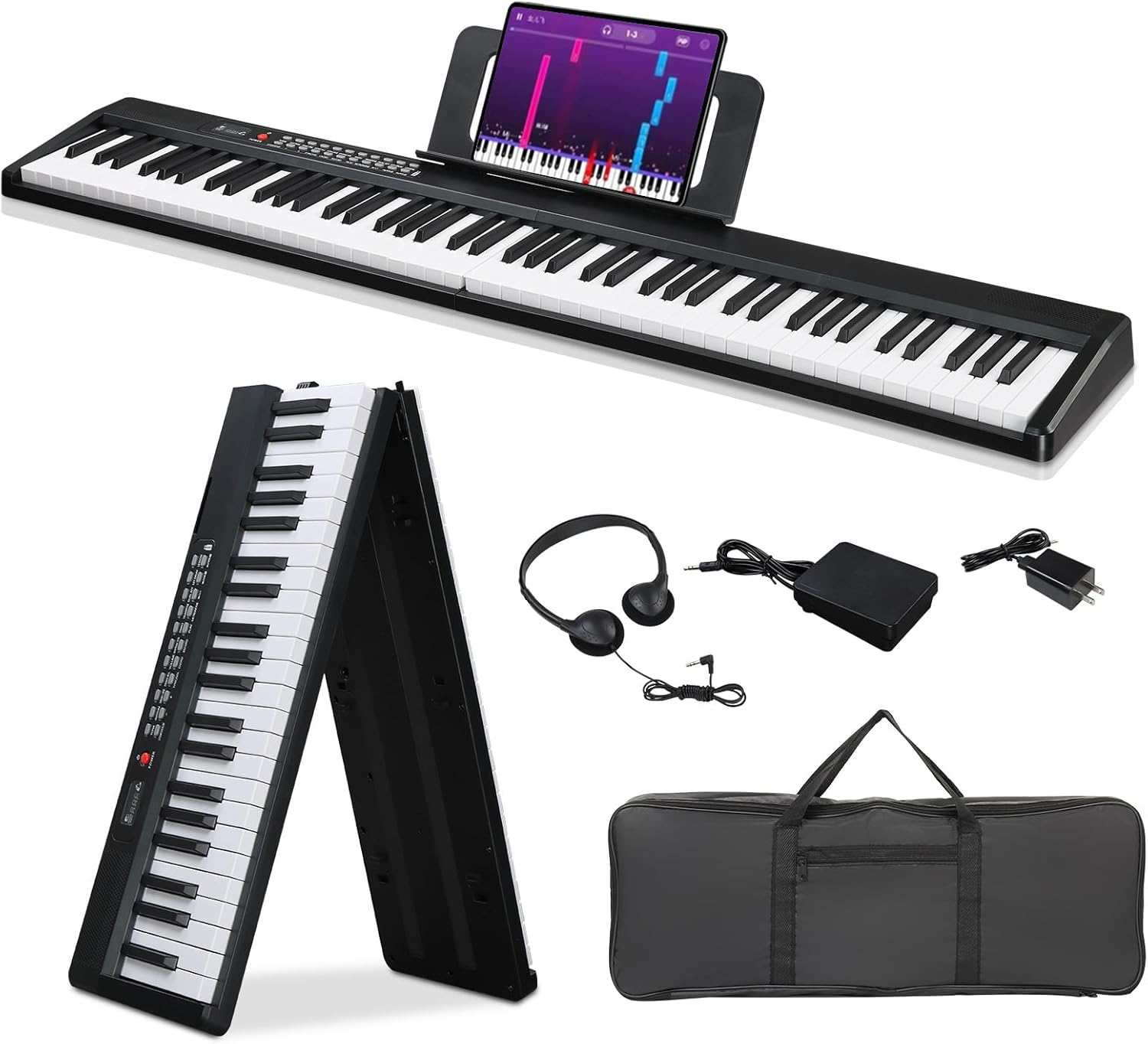 88 Key Foldable Electronic Keyboard Piano, Semi-Weighted Electric Piano Digital Piano with Dual Bluetooth Mode, 1000 Rhythms, 1000 Tones and 50 Demos for Beginners Adults(Black)