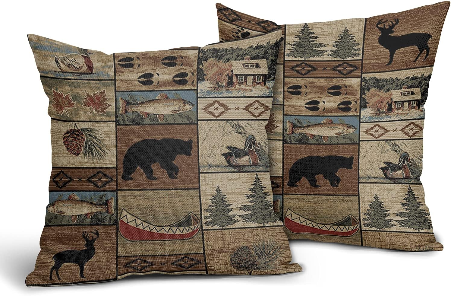 Western Rustic Bear Throw Pillows Cover Set of 2 Wild Animal Bear Deer Moose Pillow Case 18X18 Inch Lodge Wildlife Cotton Linen Outdoor Cabin Decorative Cushion Pillow Cover for Patio Couch Bedroom