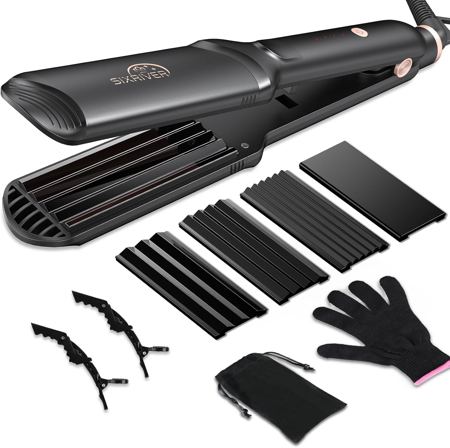 Hair Crimper for Women - Ceramic Waver Hair Tool with 4-In-1 Flat Crimping Iron Plates, 15S Fast Heating, Volumizing Hair Crimper, for All Hair Types - Black
