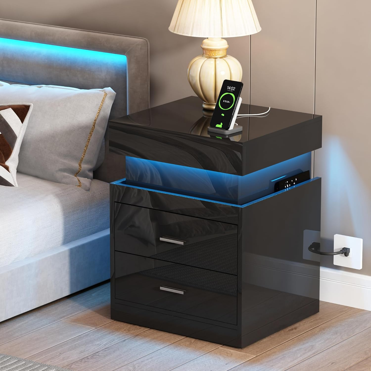 LED Nightstand with Charging Station,Smart Night Stand with Sliding Top Storage, 2-Drawers High Gloss Bedside Table, Modern End Table for Bedroom,Black