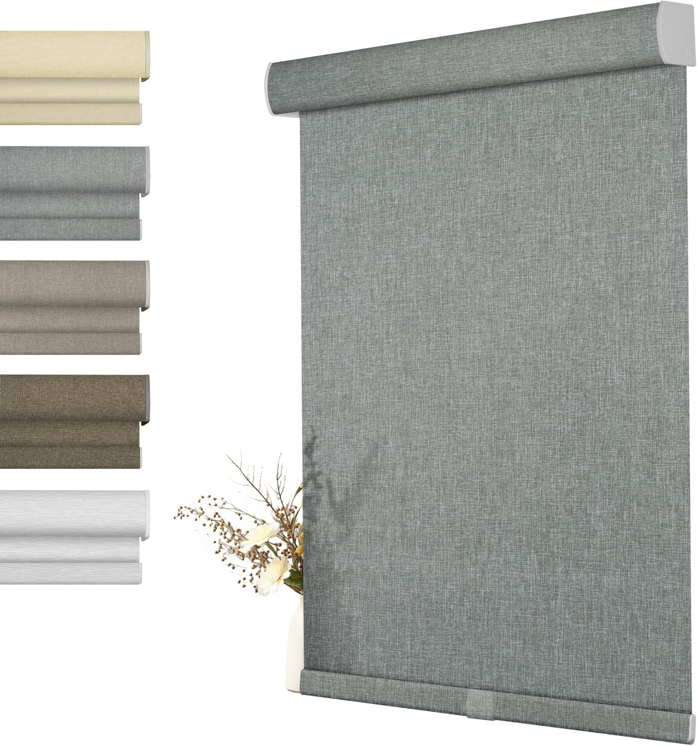 Light Filtering Roller Shades for Windows, Cordless with Cassette Valance, Linen Blinds, Thermal Insulation for Home Door Office - Grey, 35