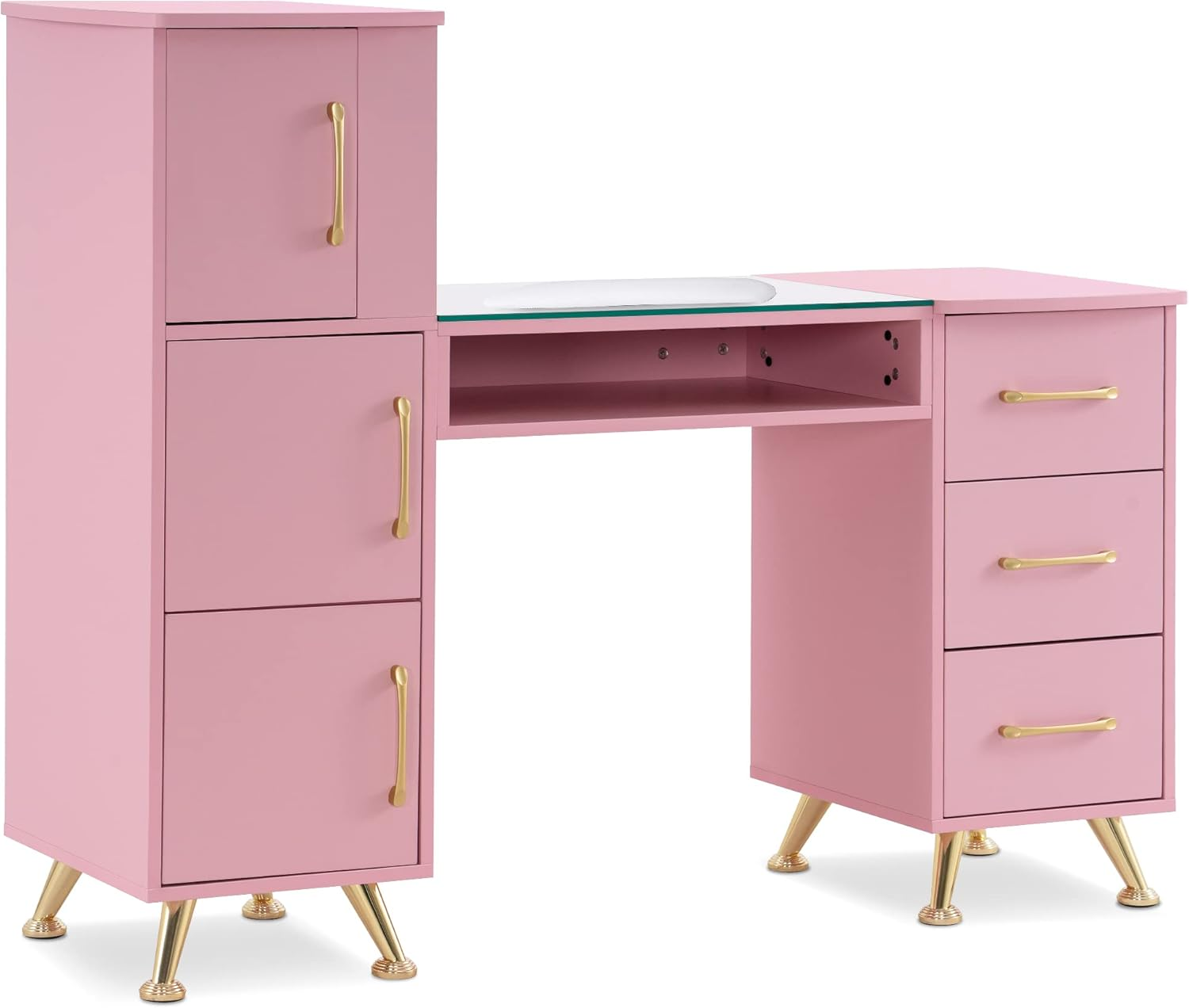 Barberpub Manicure Table, Nail Makeup Desk with Drawers, Storage Beauty Salon Workstation 2611 (Pink)