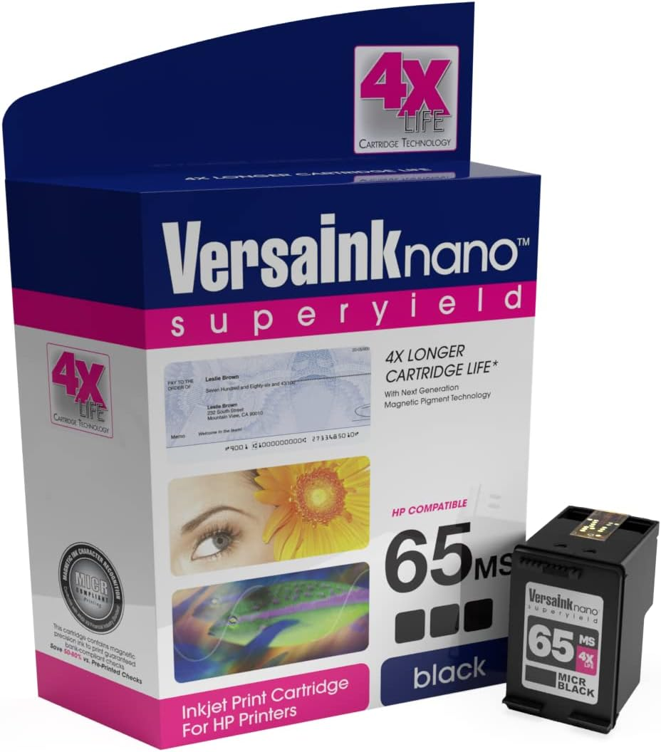 Versaink-Nano HP 65 MS MICR Black Ink Cartridge for Check Printing, 1