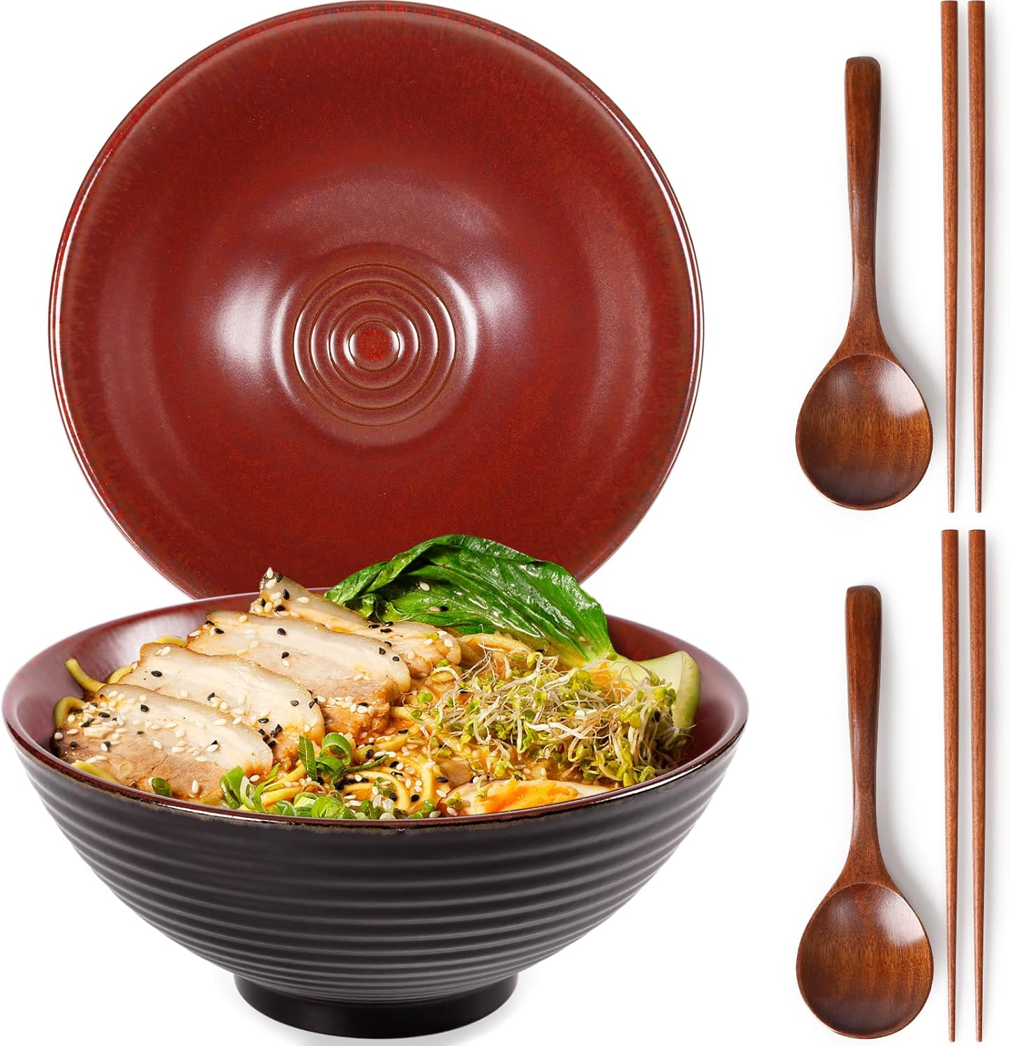 8 Inch Ceramic Ramen Bowl Set of 2 Pho Bowls 40Oz Japanese Noodle Udon Soup Bowls with Spoons and Chopsticks (Rusty Red Brown)