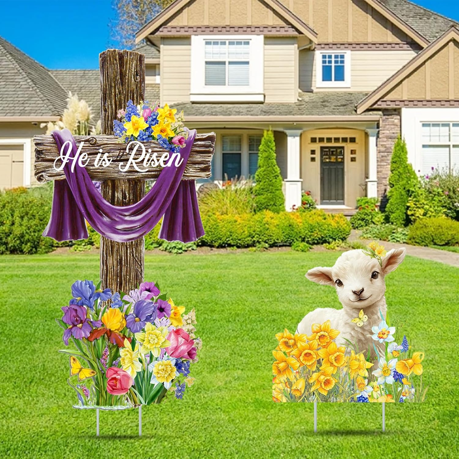 2 Pack Easter Yard Signs He Is Risen Outdoor Decorations, Religious Christian Cross Lawn Stakes Waterproof Resurrection Garden Decor for Church, Home, Porch, Yard