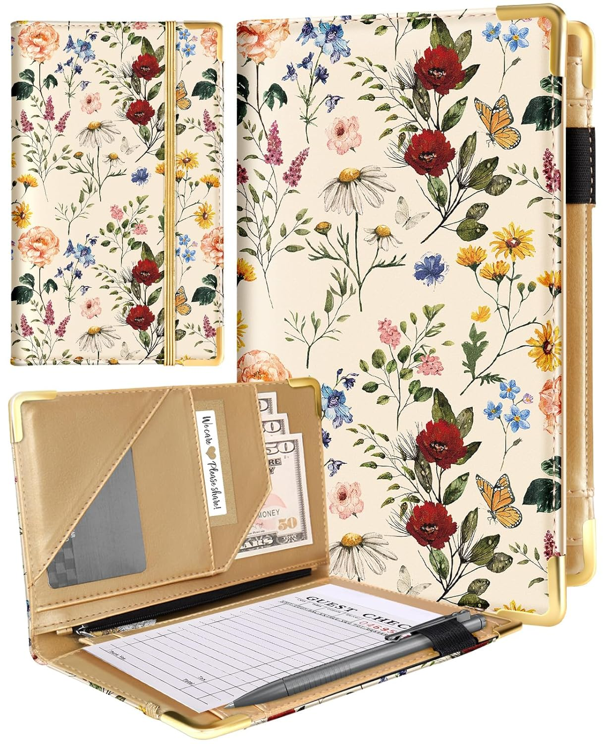 Libro para Mesera Cuero con Cremallera Accesorios Soporte Comandas Flor Cute