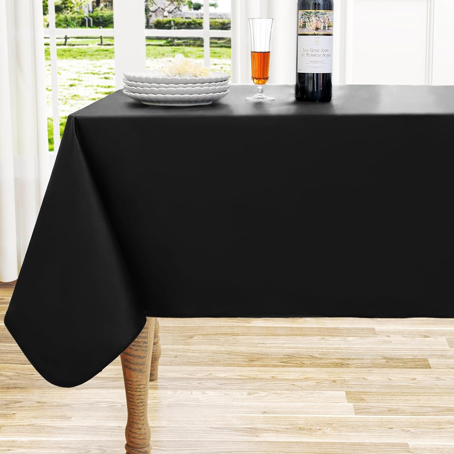 Rectangle Vinyl Tablecloth, Waterproof Spillproof Plastic Flannel Backed Table Cloth, Wipe Clean Table Cover for Dining, Buffet Parties and Camping (Black, 60