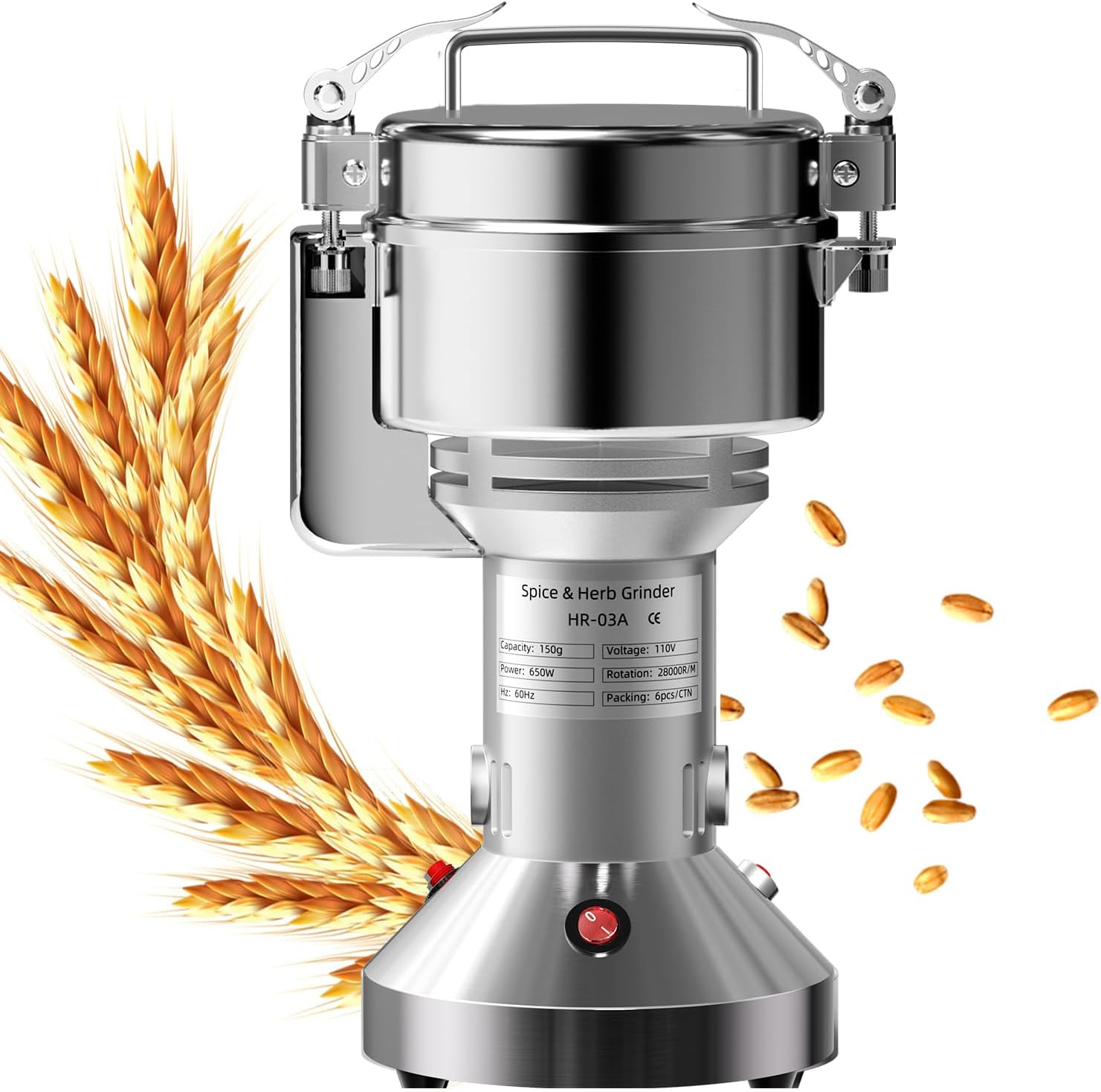 Electric Grain Mill 150G Flour Mill Home for Wheat Corn Rice Spices Herbs | Safety Lid-Lock, Stainless Steel, Pulverizer Powder for All Dry Oil-Free Food, Home and Commercial Use, High Speed, 650W