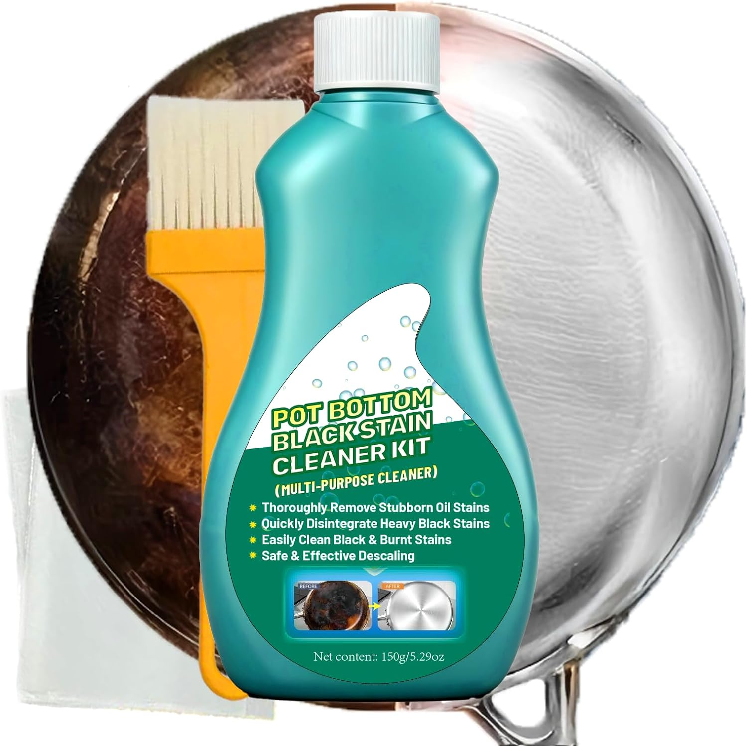 Pot Bottom Black Stain Cleaner Kit, Multi-Purpose Oil Stain Remover, Pot and Pan Bottom Cleaning Paste,Powerful Kitchenware Cleaner, Cooktop Pot Cleaner Effortless for Burned Cookware (150G) (1)