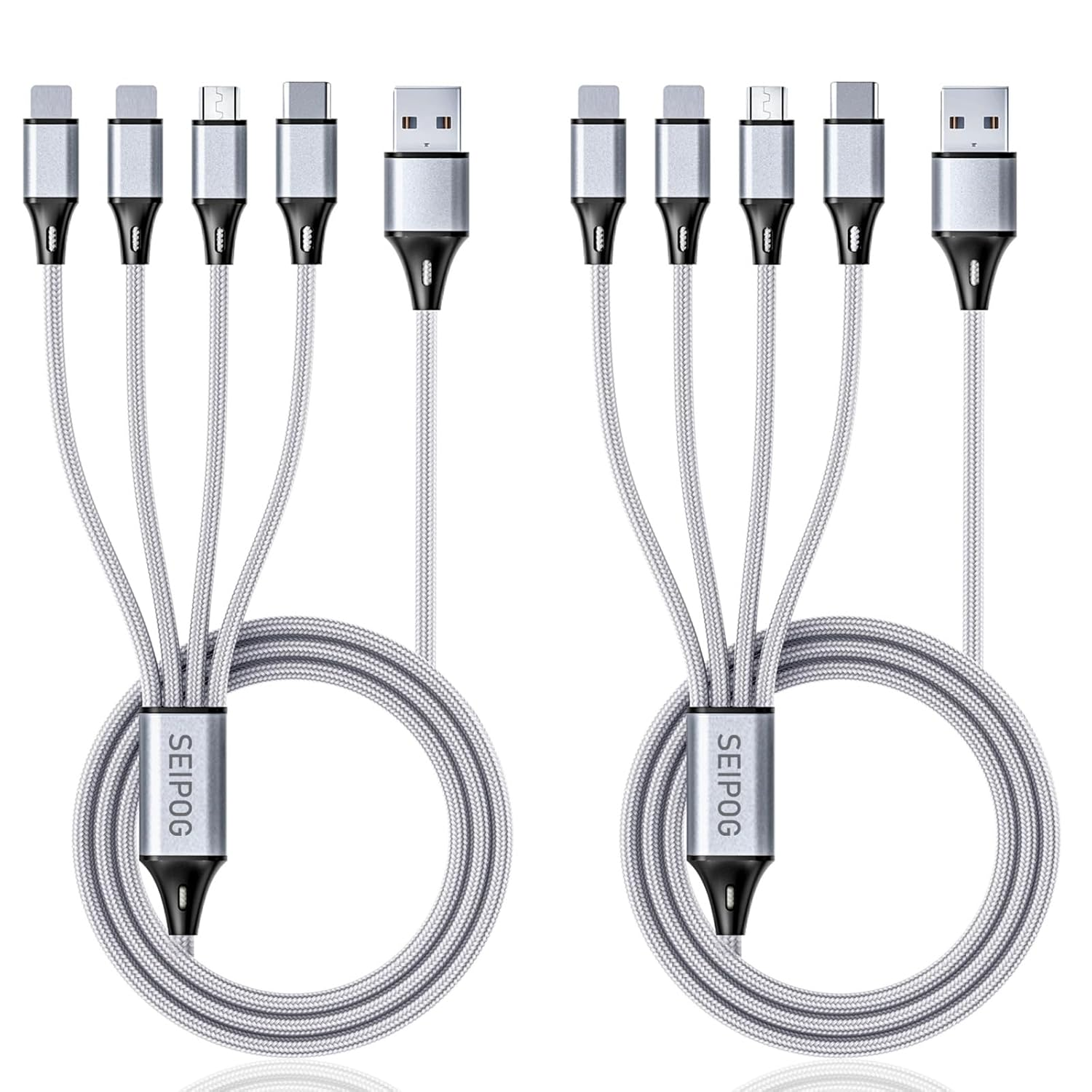 Multi Charging Cable, USB Cable 3A 4FT Nylon Braided Universal 4In1 Charger Adapter Type-C/Micro Port, Compatible with Cell Phones and More (Silver, 2Pack)