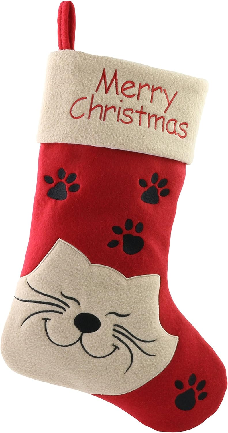 WEWILL 18’’ Cat Felt Christmas Stockings Paws Embroidered for Pets Kitty Red Xmas Stocking Gift Bag Cuff Lovely Home Holiday Decoration