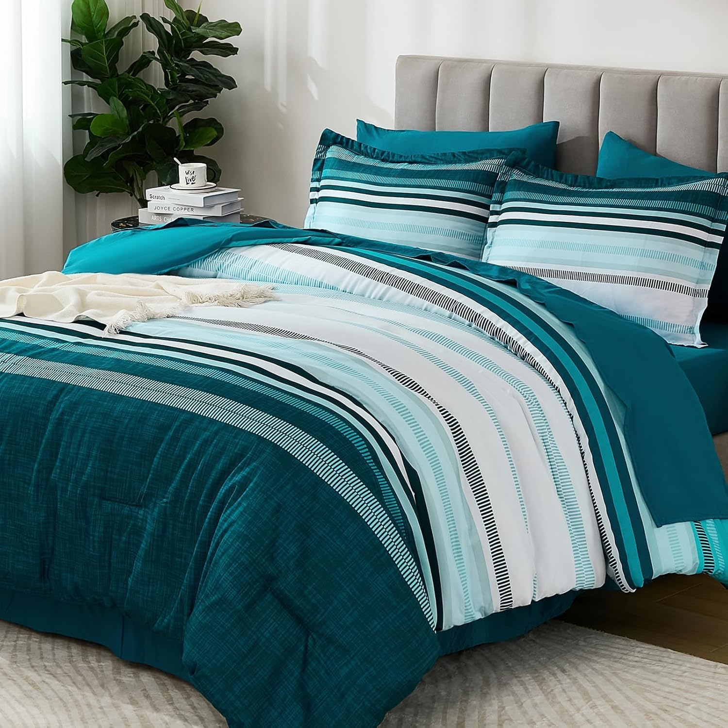 Teal King Size Comforter Set 7 Pieces, Blue Boho Striped Bed in a Bag Soft Microfiber All Season Bedding Set with Comforter, Sheets, Pillowcases & Shams