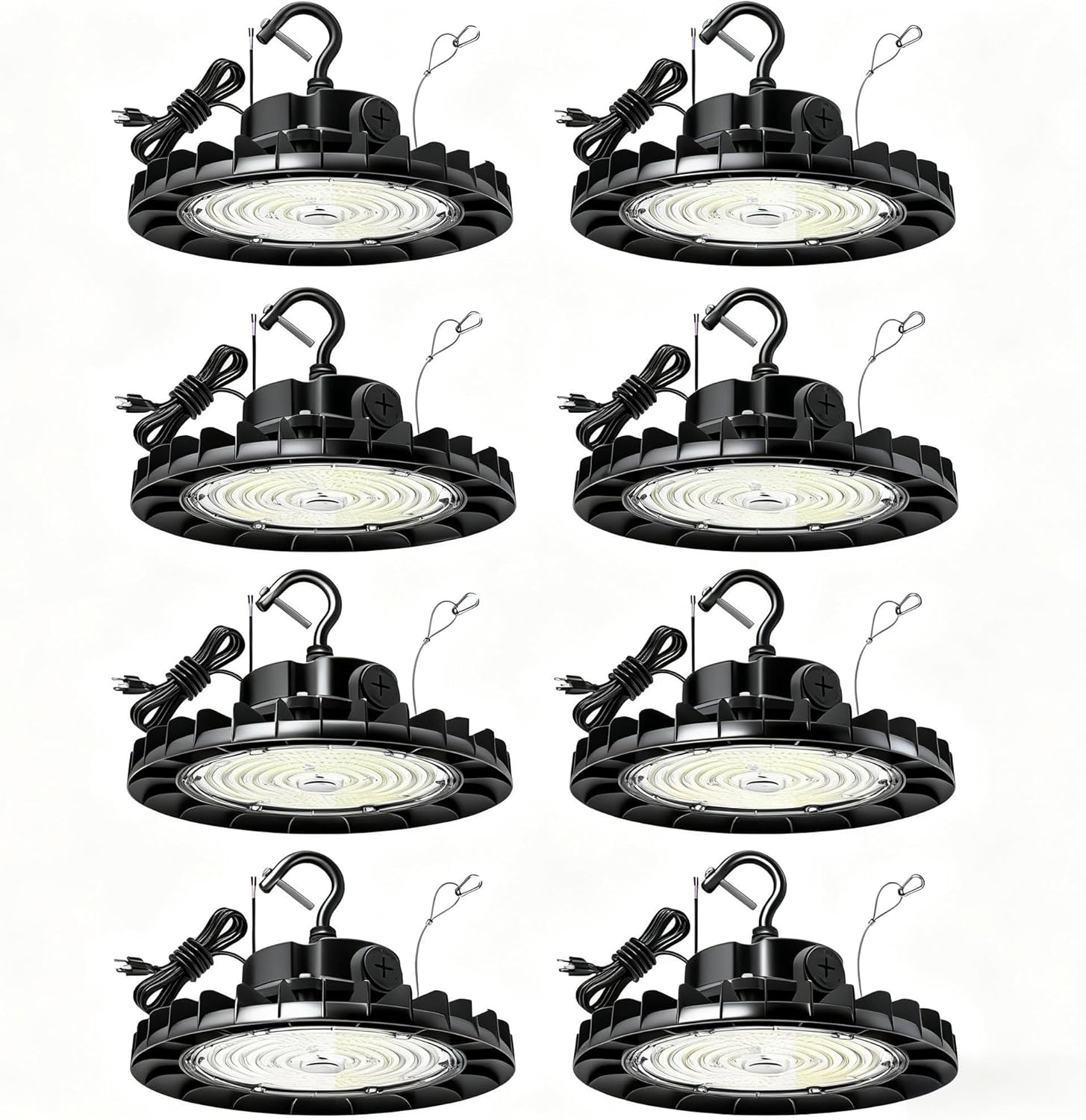 UFO LED High Bay Light 200W 8 Pack, 28000LM High Bay LED Shop Lights, 3-In-1 Adjustable Wattage (200W/150W/120W), IP65 5000K, Plug & Hook, 0-10V Dimmable for Warehouse Garage Workshop