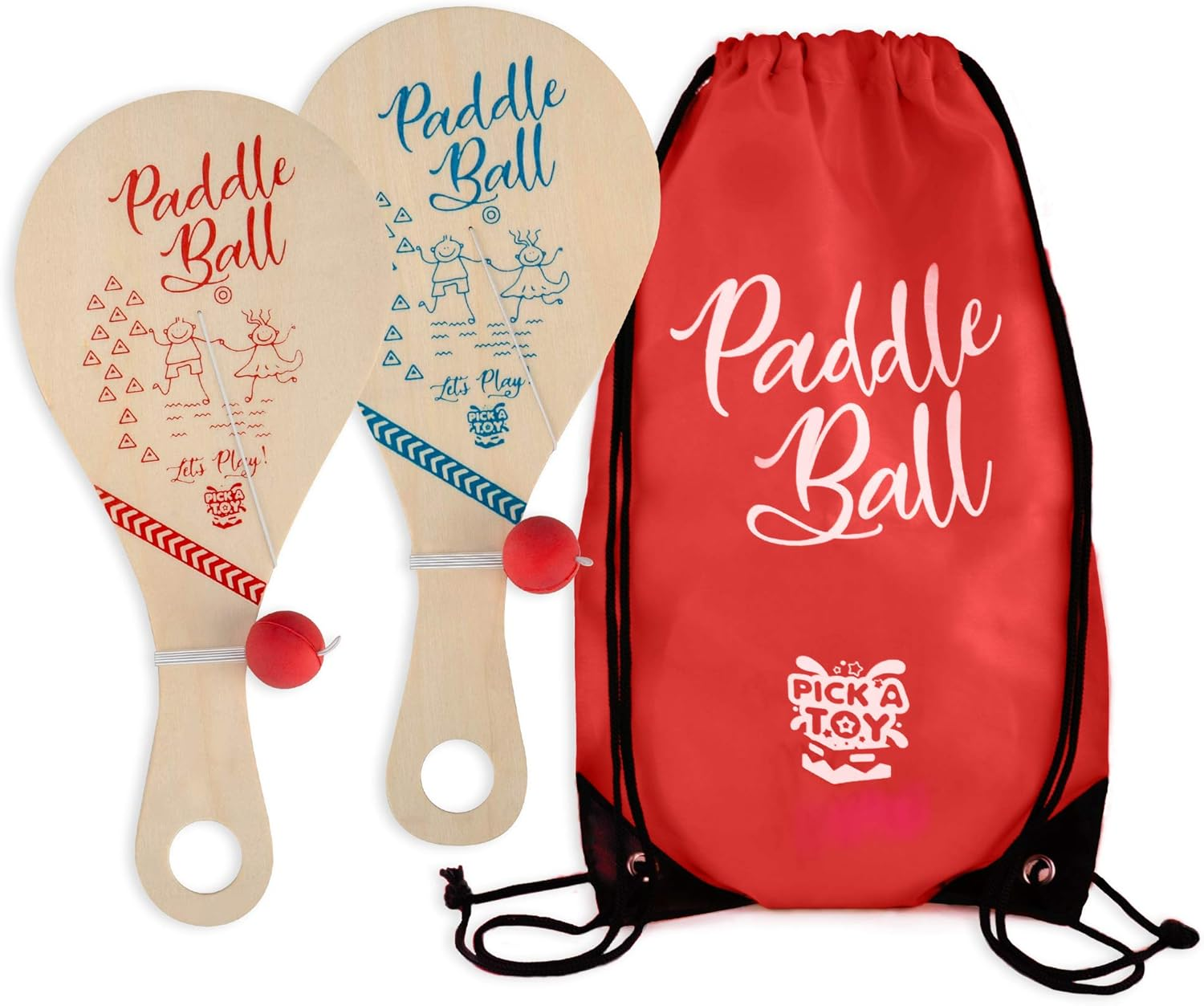Wooden Paddle Ball (Set of 2) with Red Carry Bag Indoor Outdoor Toy: Fun and Classic Paddleball Game for Boys and Girls, Party Favor Toys Ages 4+