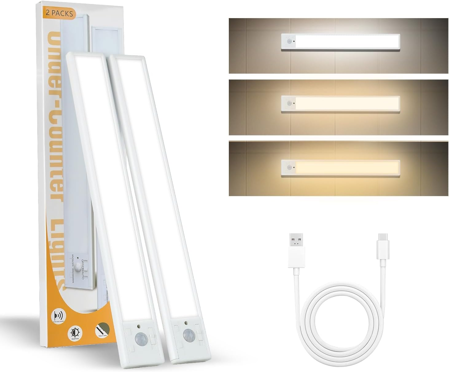 Under Cabinet Lights 2 Pack 12 Inch Rechargeable Battery Operated Motion Sensor Light Indoor USB Charging Closet Lights Battery Operated with 3 Color Temps for Kitchen, Stairs, Home