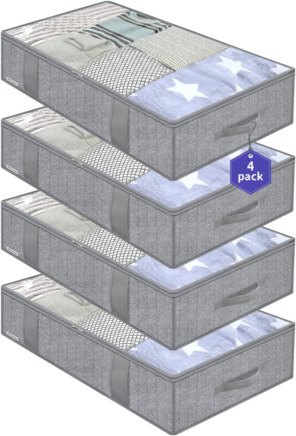 Underbed Storage Bags Organizer, 4 Pack Large Capacity under Bed Storage Containers with Reinforced Handles, Foldable Fabric Storage Bins with Clear Window, Herringbone Grey, 7MXRUBBP4