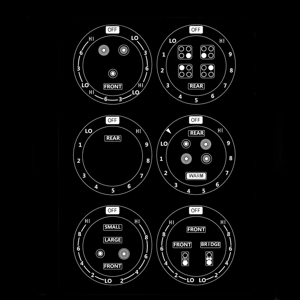 6 Stove Dials Sticker for Burner Cooktop Hob Cooker Top Oven Replacement Adhesive Knob Symbols (White Print on Clear for Dark or Dark Coloured Cooker Tops)