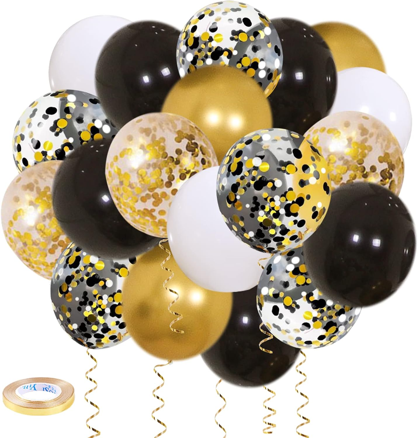 Black Gold Confetti Balloons 50 Pack - 12 Inch Gold White and Black Confetti