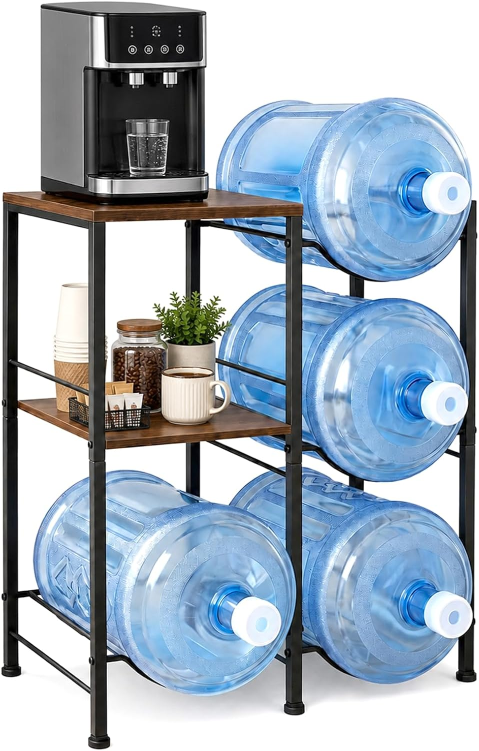 5 Gallon Water Jug Holder with 4 Slots, Heavy Duty Water Bottle Storage Rack with 2 Wood Shelves, for Home, Kitchen, Office, Garage.Rust-Proof, Slip-Resistant, and Anti-Drop (Black)