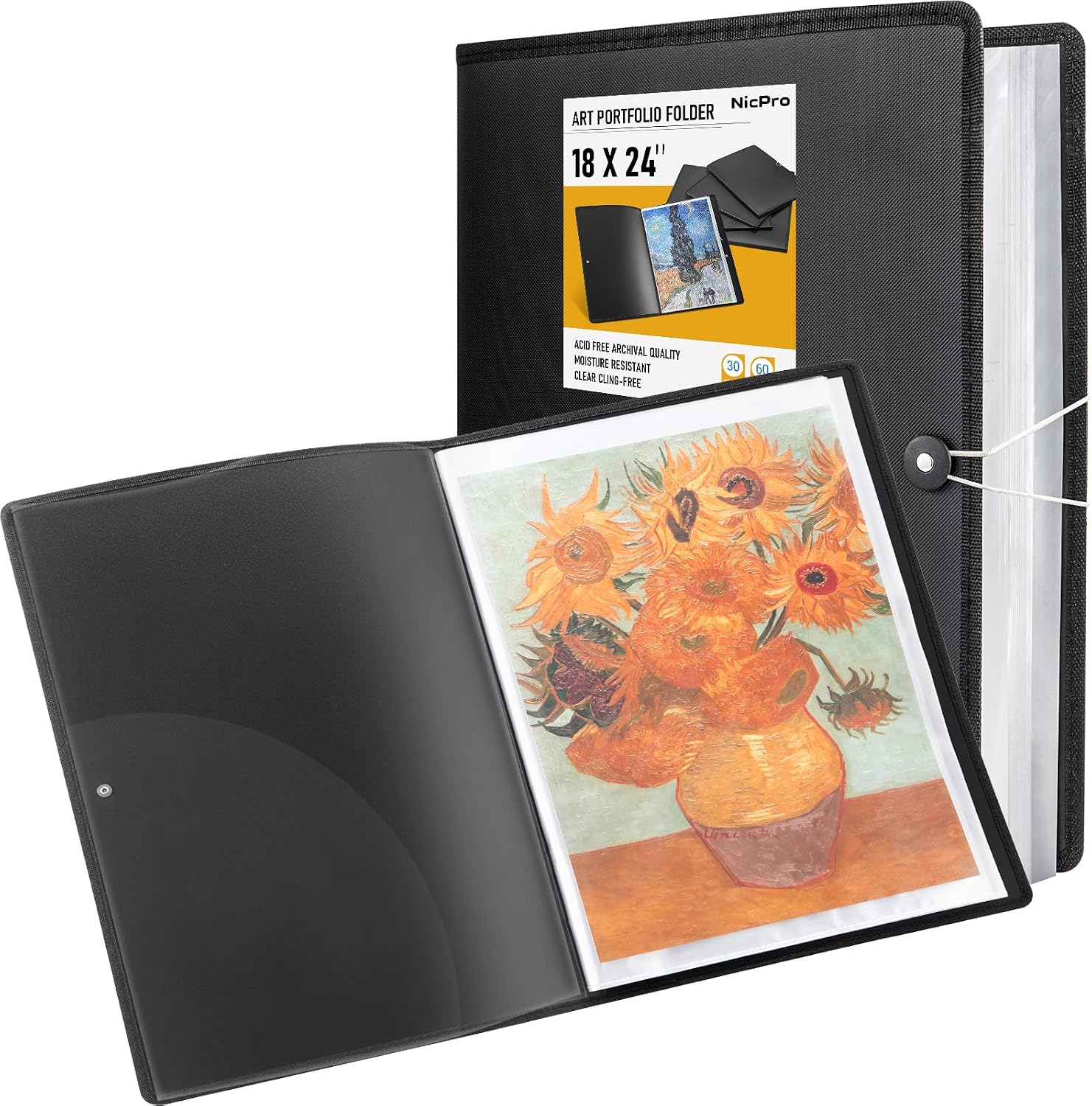 18"X24" Art Portfolio, 30 Pockets Display 60 Pages Art Portfolio Folder with Clear Plastic Sleeves, Artwork Storage Presentation Book for Artists, Painting Carrier Case