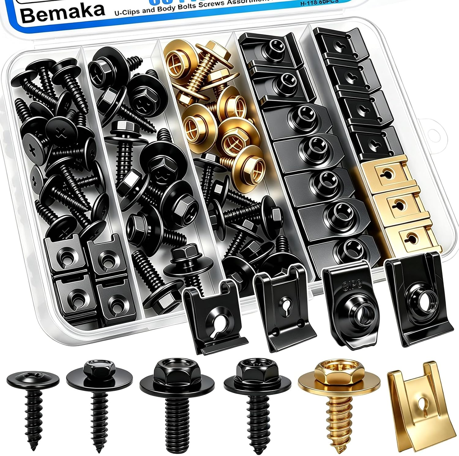 60 Pcs U-Nut Clips & Body Bolts Screws Assortment Kit 10 Sizes Auto Car Fender Bumper Fasteners