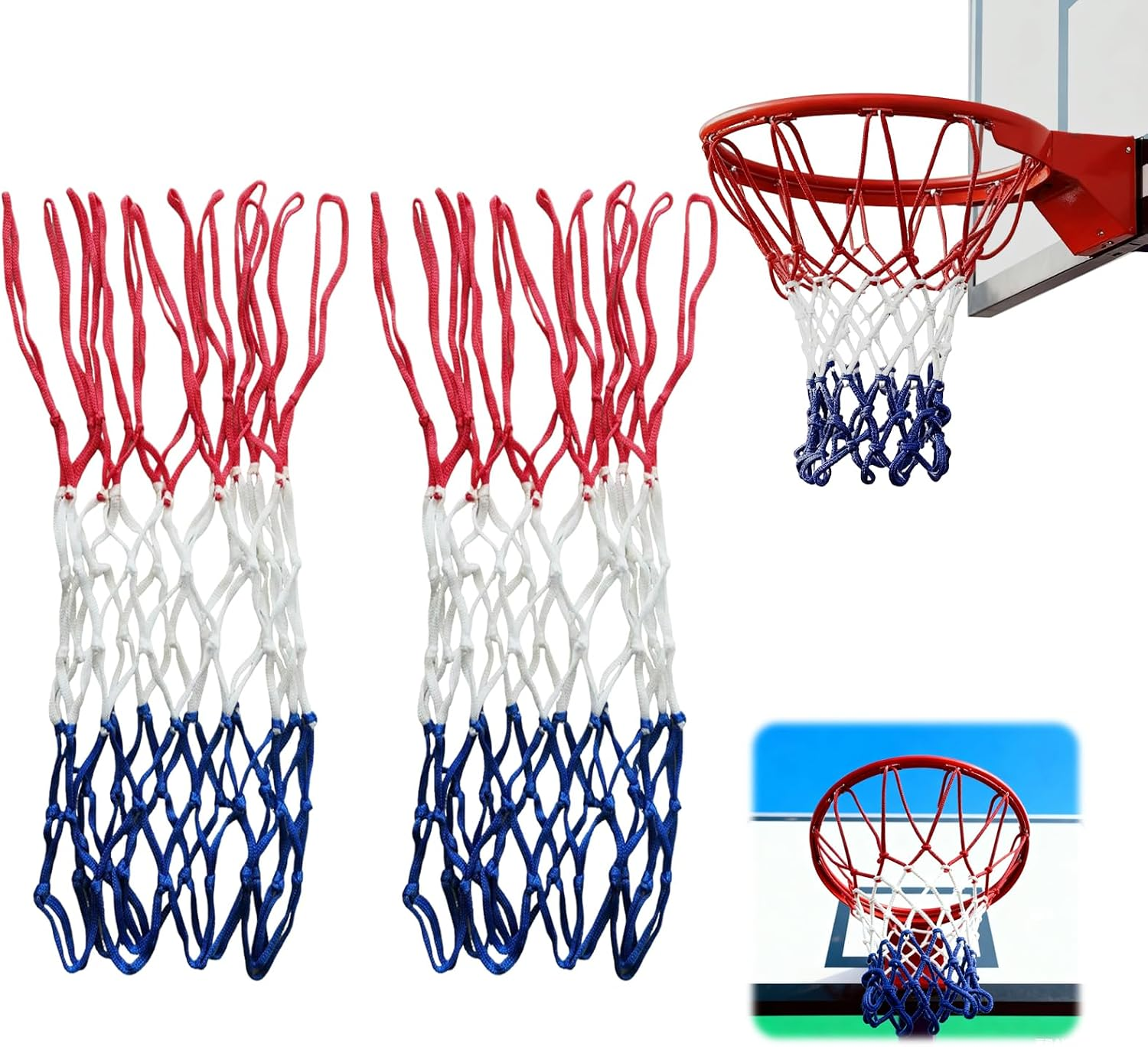 2-Pack Basketball Net Replacement, 2024 Upgraded Heavy Duty Thickened Professional Basketball Net, All Weather anti Whip -12 Loops (Red White Blue)