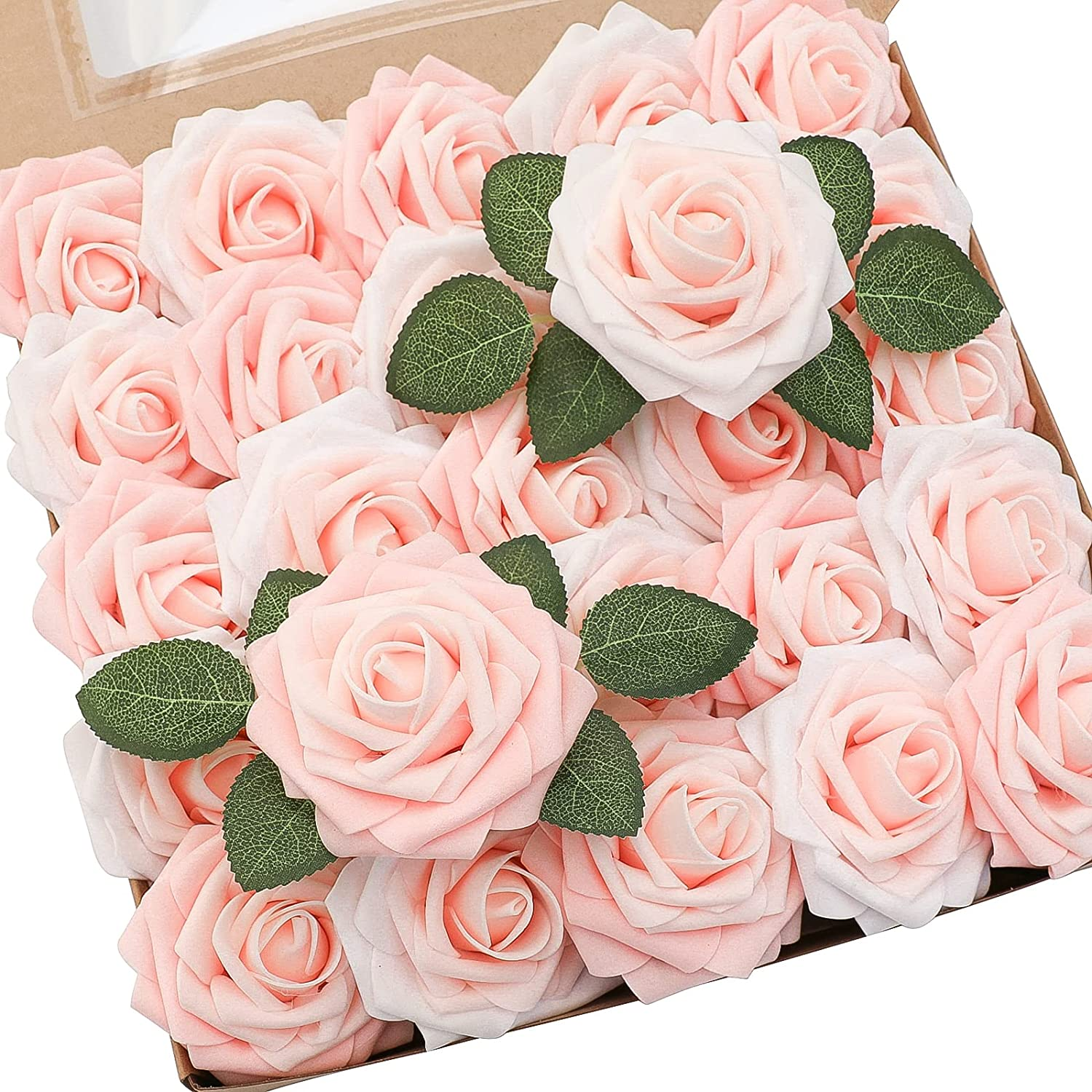 Artificial Flowers 25Pcs Real Looking Blush Shades Foam Fake Roses with Stems for DIY Wedding Bouquets Bridal Shower Pink Centerpieces Floral Arrangements Party Tables Home Decorations