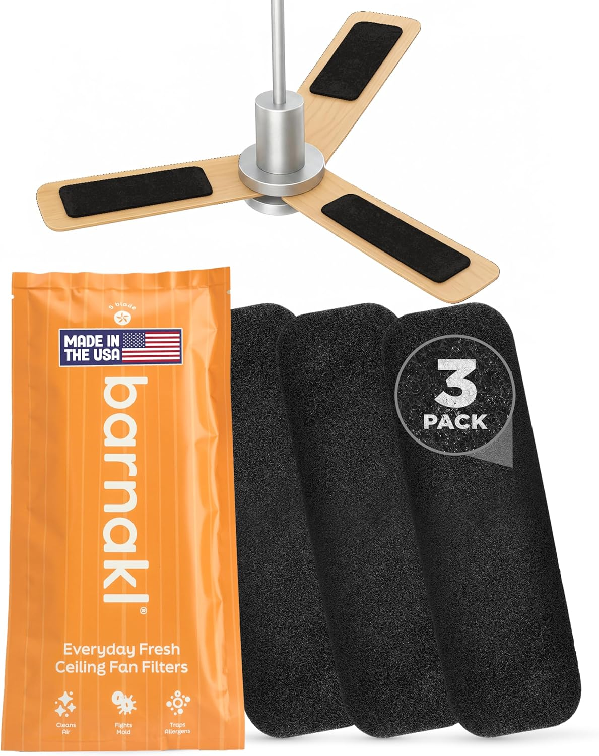 Barnakl Ceiling Fan Air Purifier Pads, Activated Coconut Shell Carbon Filters Trap Dust, Odors & Allergens, Easy-Stick Universal Fit for Ceiling Fan Blades, Odorless & Unscented - 3 Count