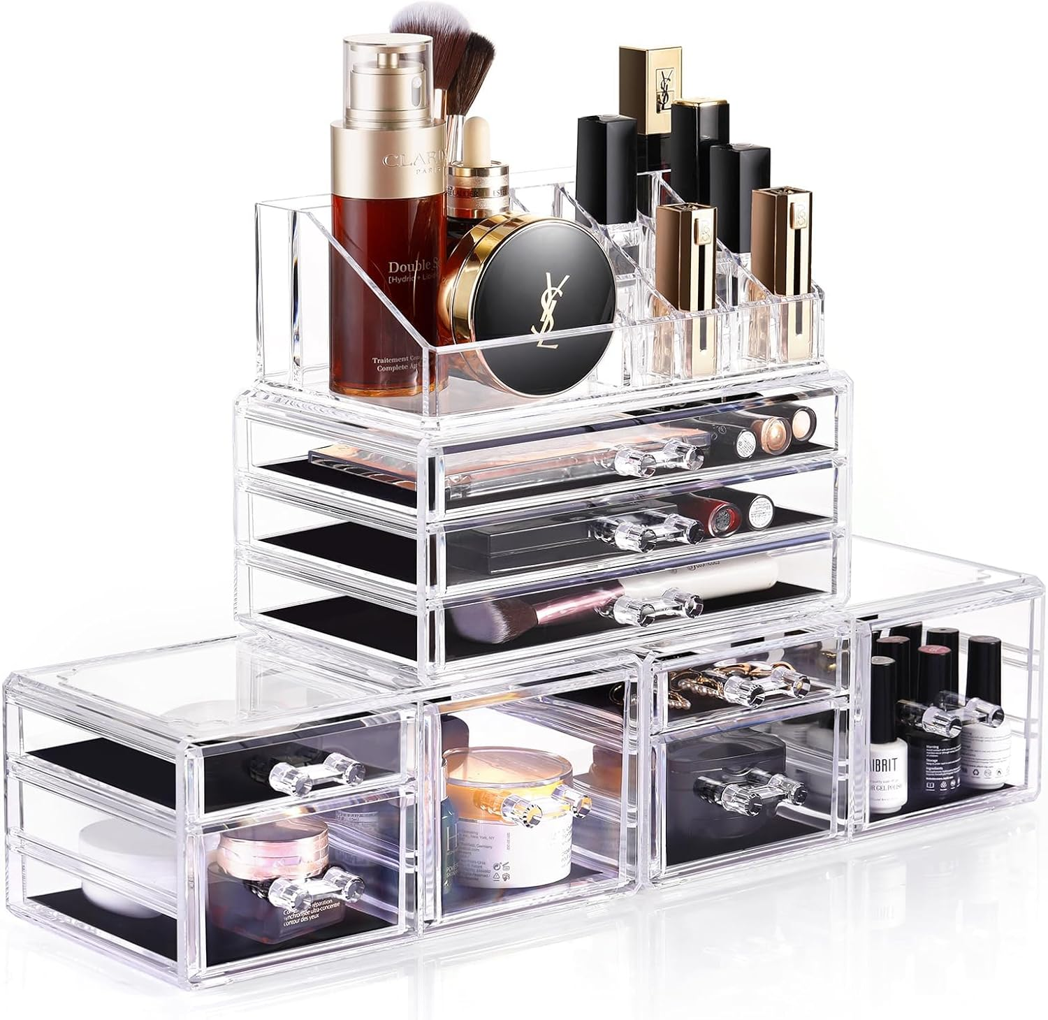 Makeup Organizer, 4 Pieces Acrylic Makeup Storage Box with 9 Drawers for Lipstick Jewelry and Makeup Brushes, Stackable Vanity Organizer for Dresser and Bathroom Countertop, Clear