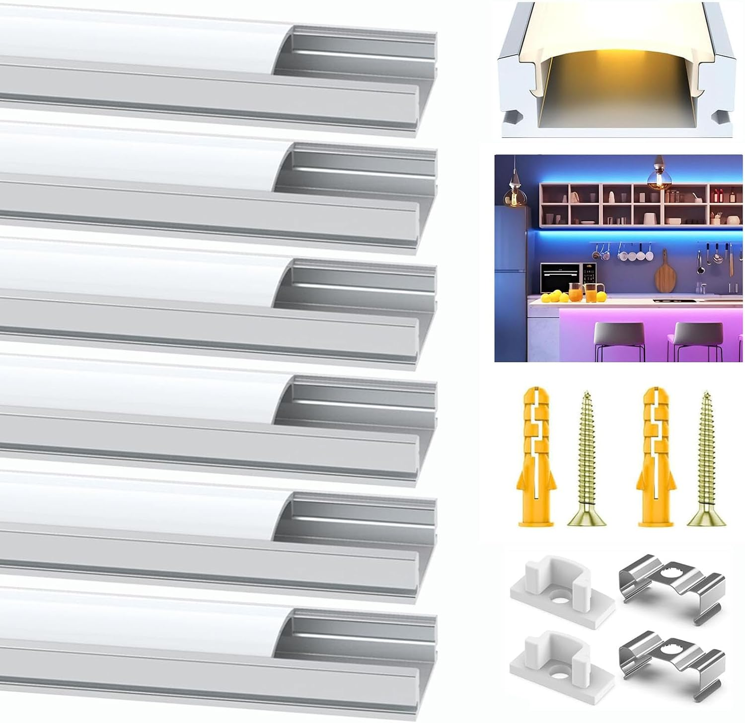 LED Profile Diffuser for Led Strip Light Trunking 6Pack 3.3FT/1M White U-Shape Aluminum Channel with Milky White Cover, End Caps and Mounting Clips Easy Installation