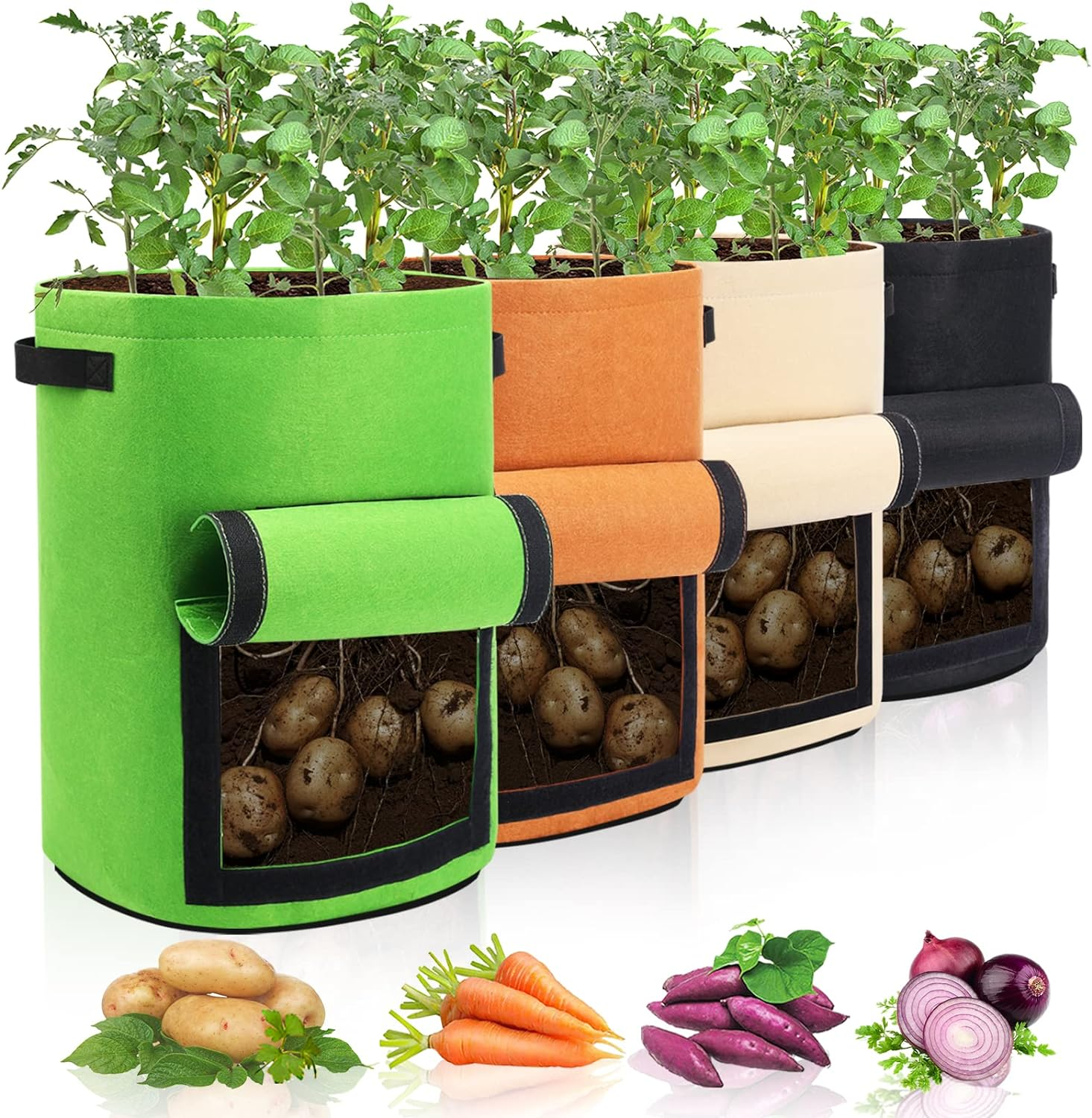 4 Pack Potato Growing Bag with Flap 10 Gallon Planter Pots with Handles and Harvest Window for Potato Tomato and Vegetables, Black Green Orange and Beige