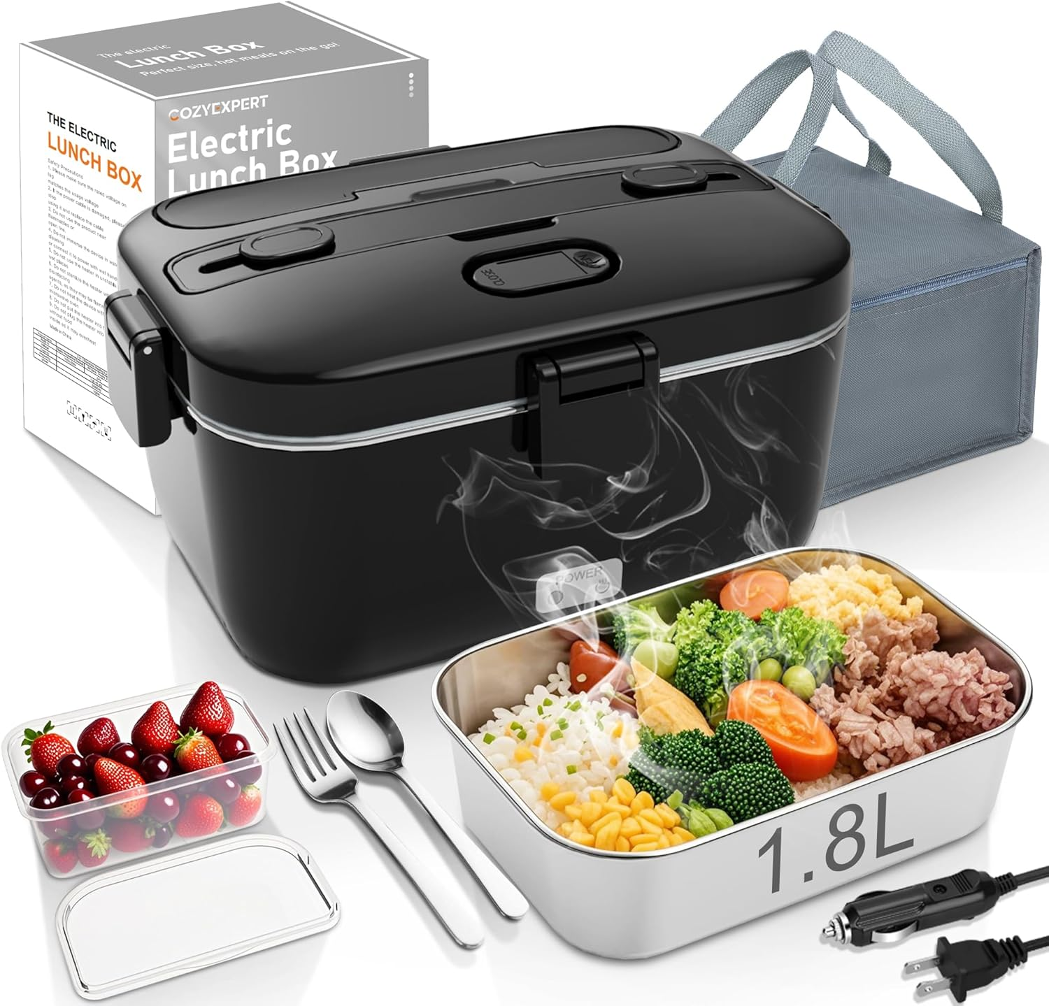 Electric-Lunch-Box-Heated-Food-Warmer 100W Heating Lunchbox for Adults 1.8L Portable Food Heater for Work/Car, 12V/24V/110-230V Lonchera Eléctrica Portátil with Fork Spoon (Black)