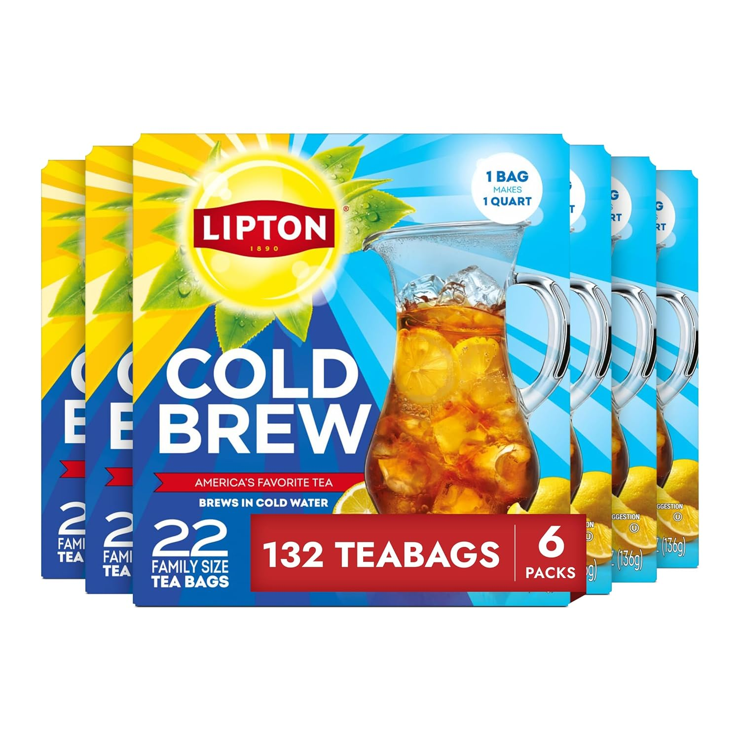 Cold Brew Iced Tea Bags, Family Size Iced Tea Bags, 132 Total Bags (22Ct - Pack of 6)