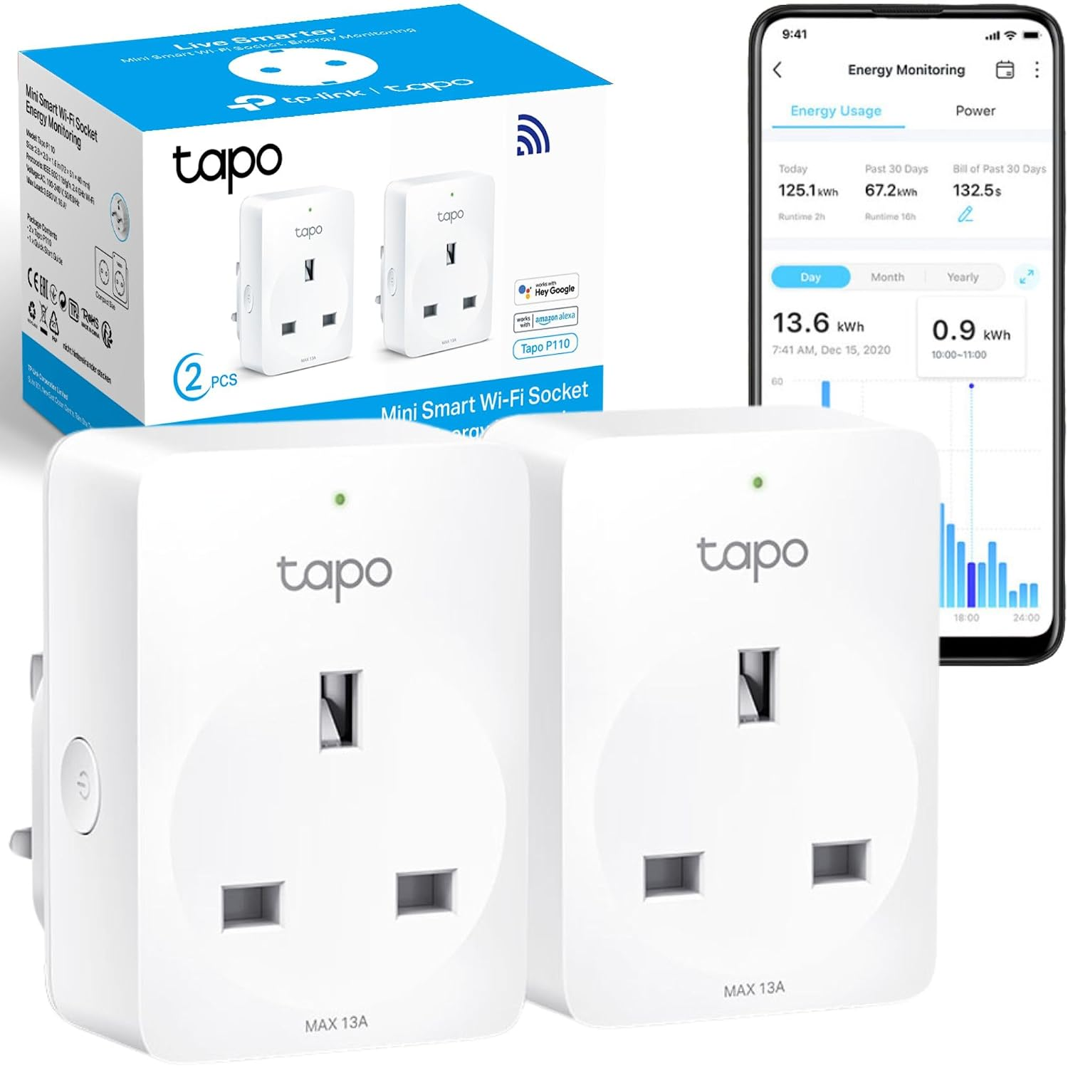Tapo P110(2-Pack) Smart Plug, Energy Monitoring Wifi Plug, Max 13A | Energy Monitoring, Auto-Off & Away Mode, Compact Design, Voice Control via Alexa & Google, Easy Setup, No Hub Required