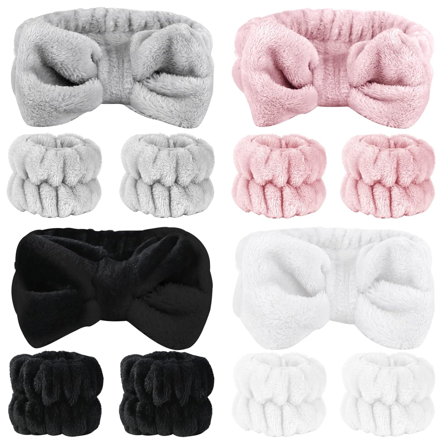 12 PCS Face Wash Headband Wristband Set for Women Girls, Soft Microfiber Facial Spa Hair Wraps Makeup Skincare Bath Headbands Wrist Bands for Washing Face(White, Pink, Gray, Black)