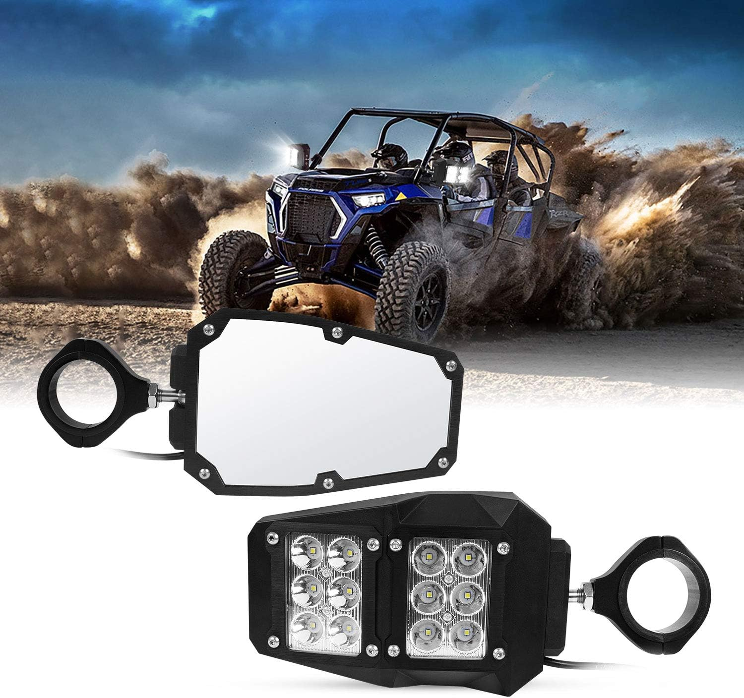 UTV RZR Mirror Offroad Side Rear View Mirrors with LED Spot Light Compatible with Polaris RZR XP 1000 RZR 900 Yamaha Rhino Honda Pioneer Talon Kawasaki Teryx 1.75-2 Inch Roll Bar Cage