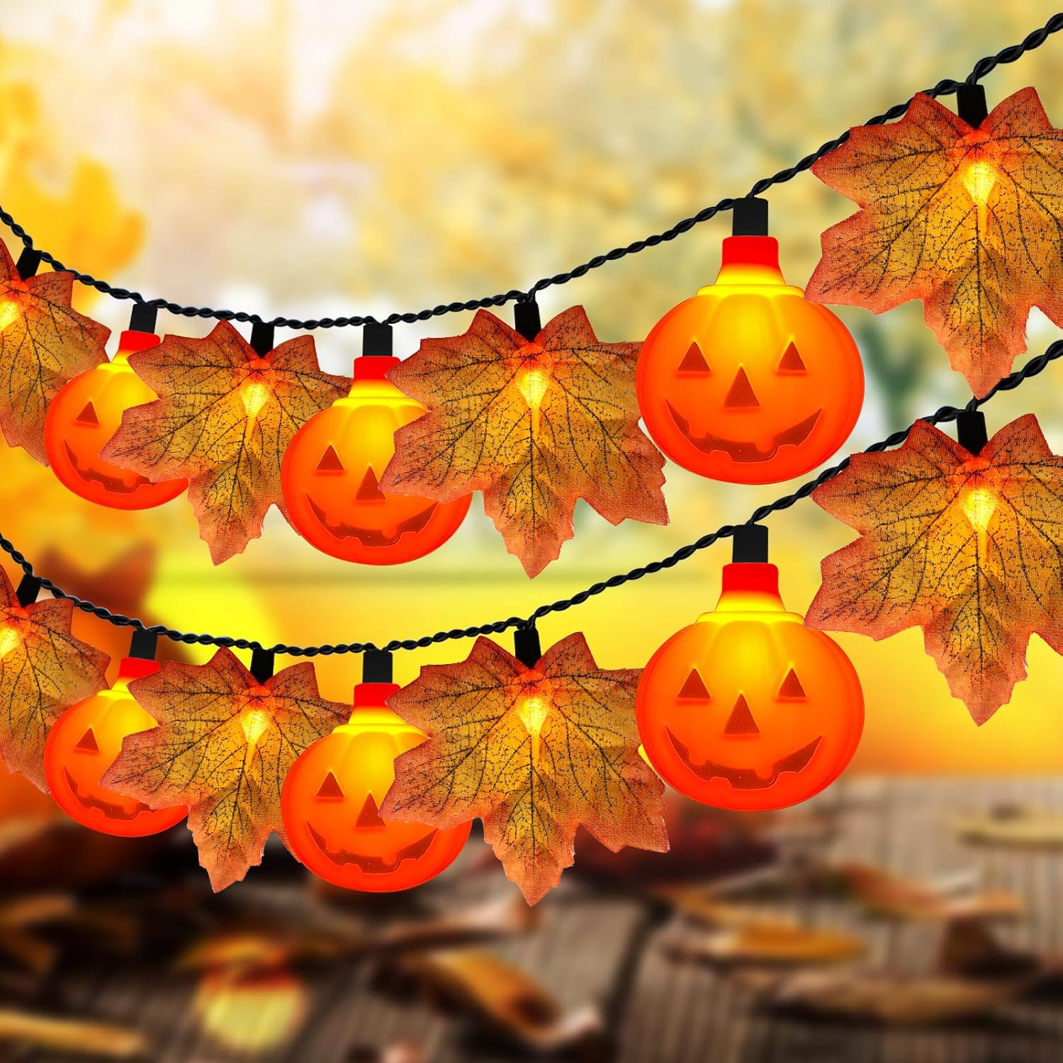 Thanksgiving Day Red Maple Leaf with Pumpkin LED Lights, 13.5FT Plug in Autumn Fall Light with 35 Mini LED Bulbs for Thanksgiving Day Halloween Home DIY Party Decoration