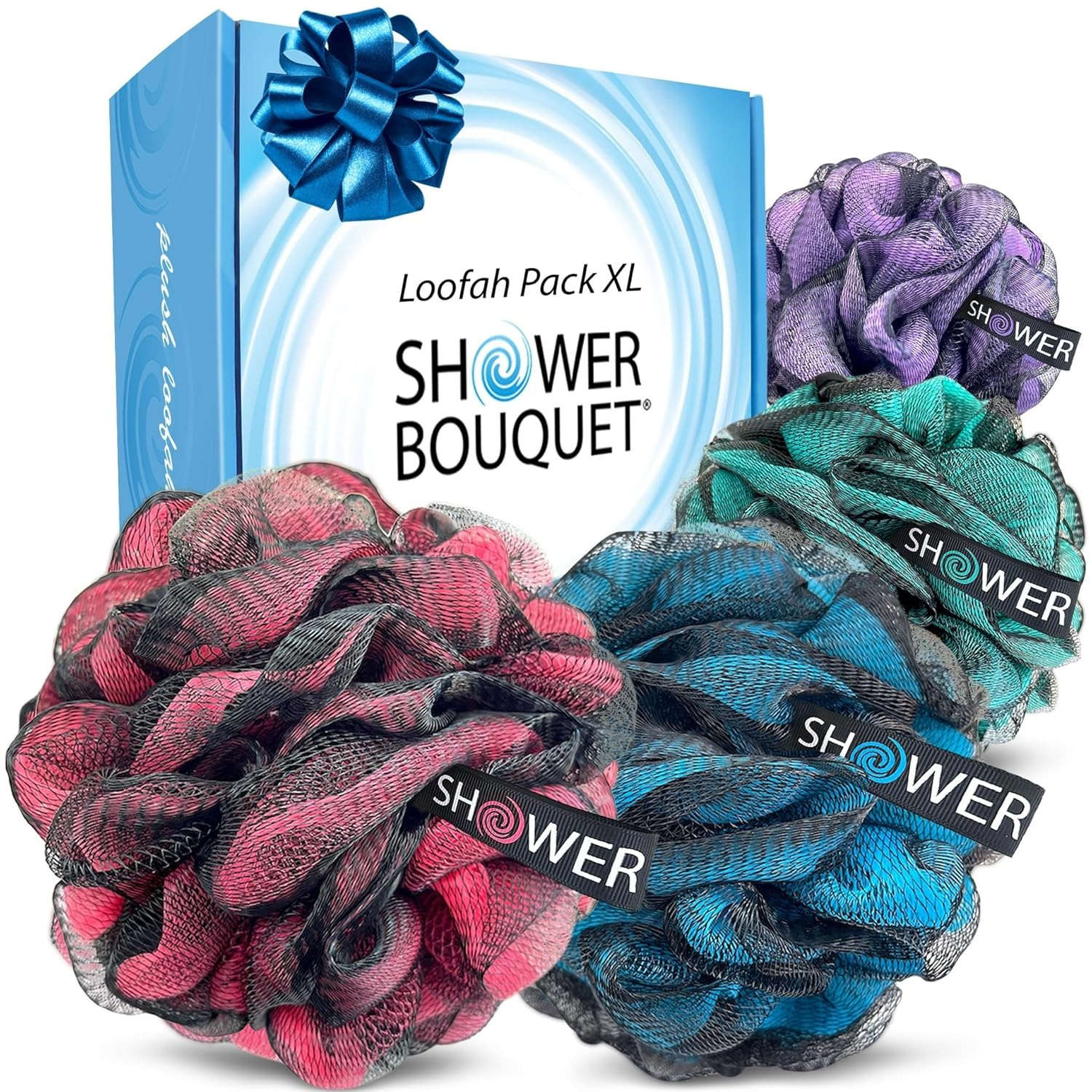 Loofah-Charcoal Bath-Sponge Xl-Color-4-Pack // Extra Large 75G Soft Mesh Black Luffa Loofa Loufa Puff Set/Exfoliating Body Scrubber for Women and Men - Exfoliate & Soothe Face & Body