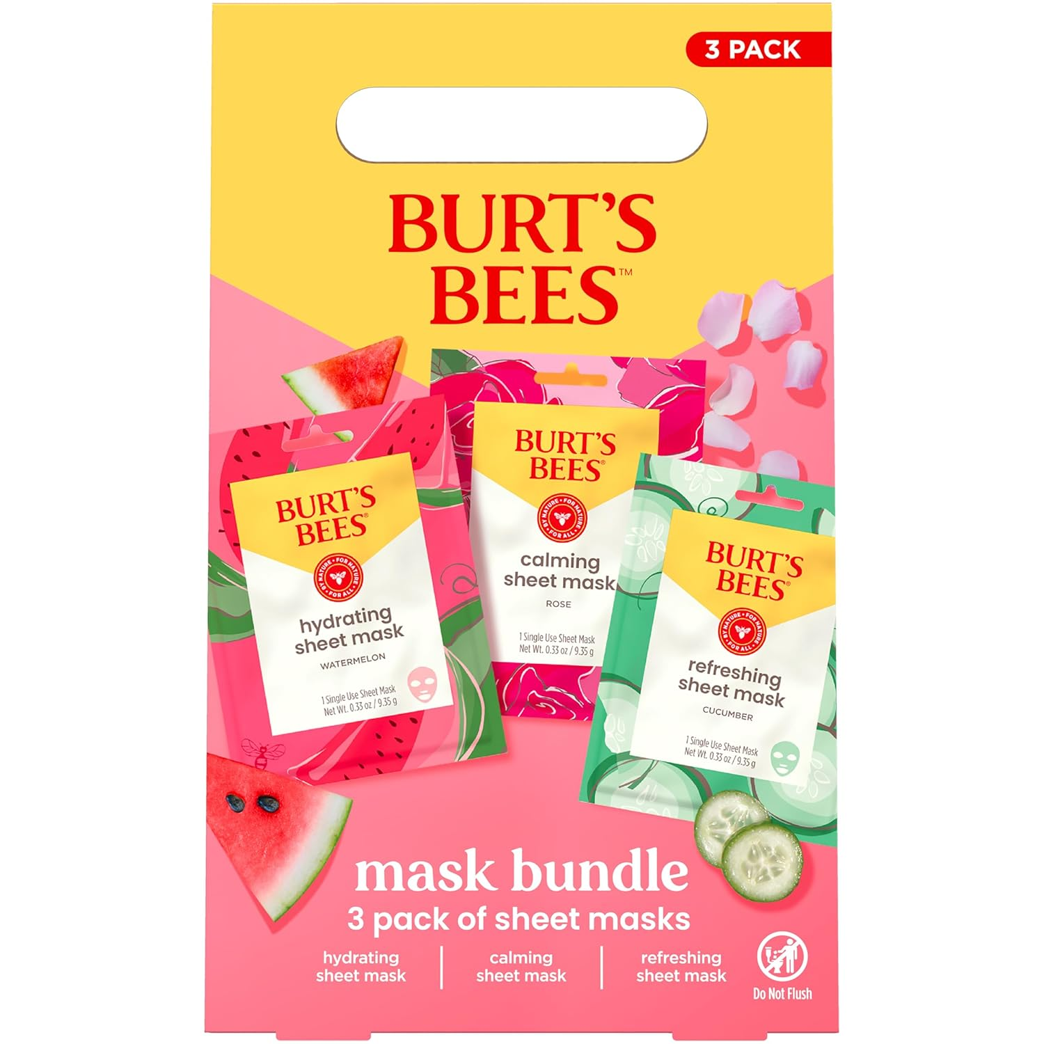 Mothers Day Gifts, Face Mask Bundle Set, Hydrating Watermelon, Calming Rose, & Refreshing Cucumber, Face Sheet Masks for Single Use Skin Care, 99% Natural Origin, 3 Count, 0.33Oz Each